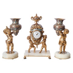 Antique Gilt-Bronze and Cloisonné Garniture with Angels Figures, France, 19th Century