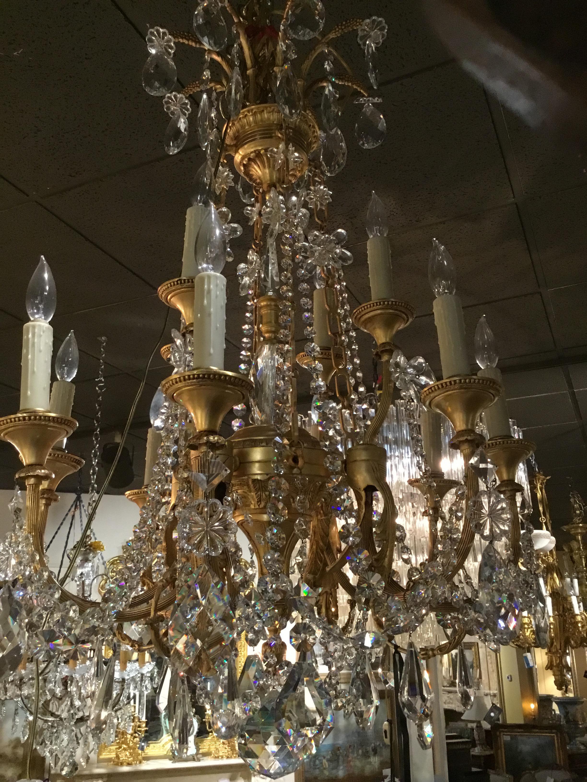 Gilt Bronze and Crystal 12-Light Chandelier with Swarovski Crystals In Excellent Condition For Sale In Houston, TX