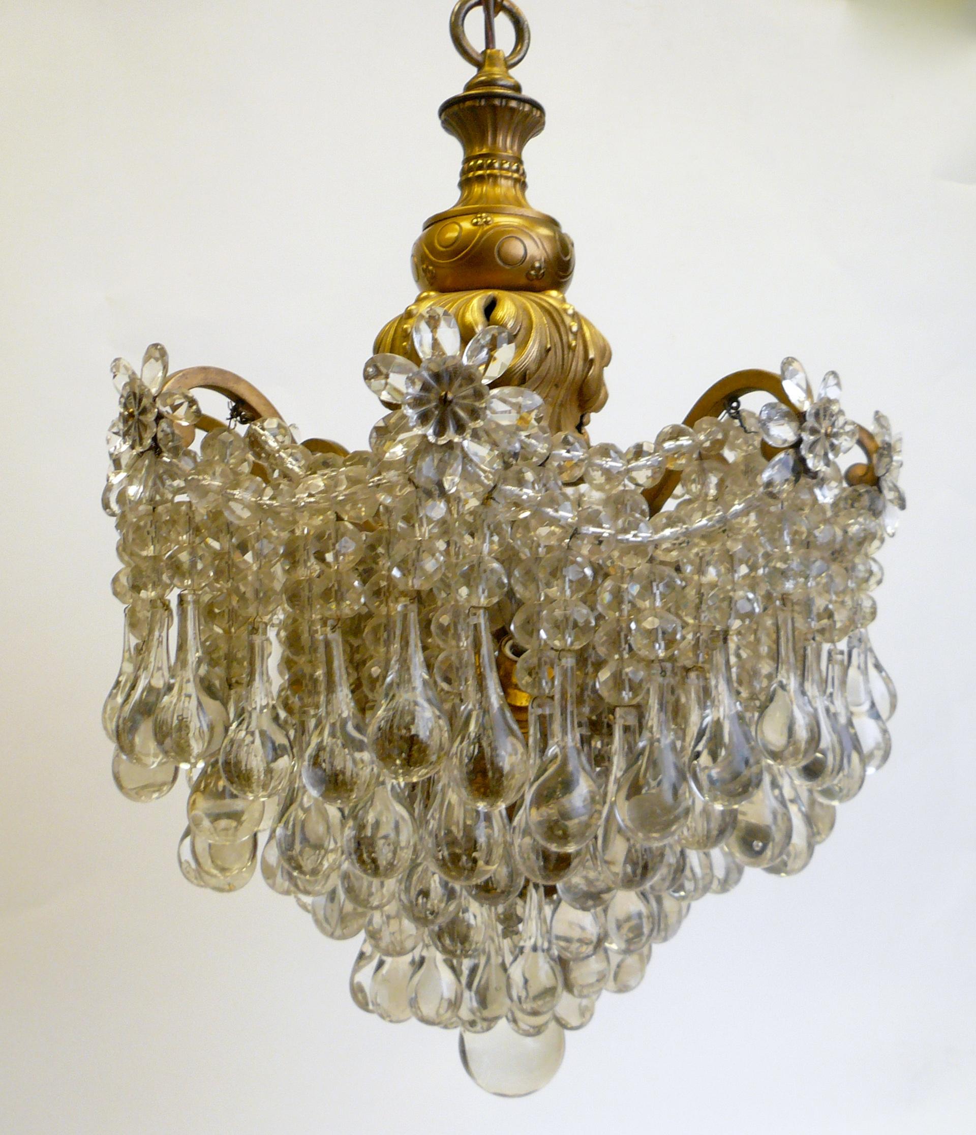 American Gilt Bronze and Crystal Pendant Chandelier by E. F. Caldwell