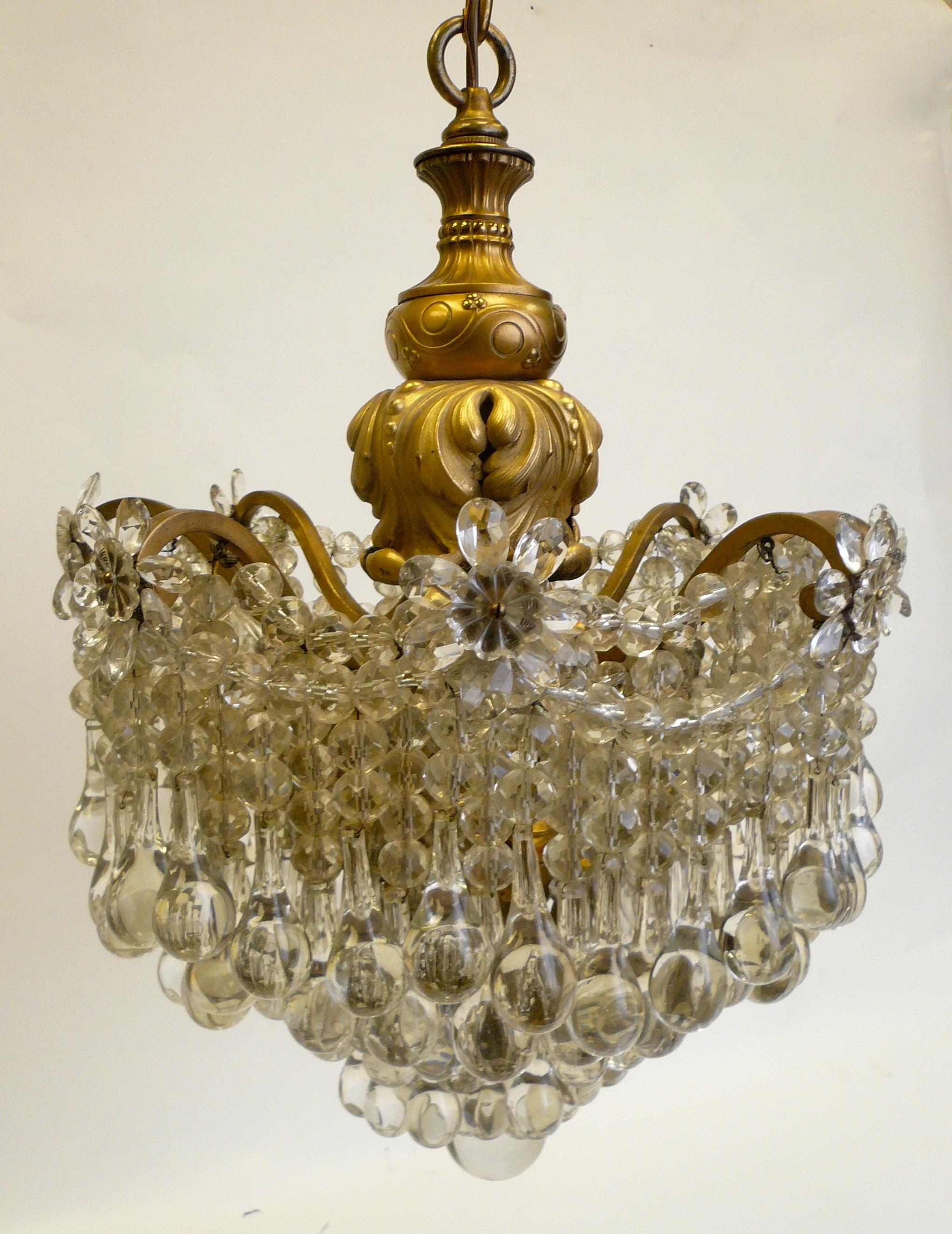 Gilt Bronze and Crystal Pendant Chandelier by E. F. Caldwell In Good Condition In Pittsburgh, PA