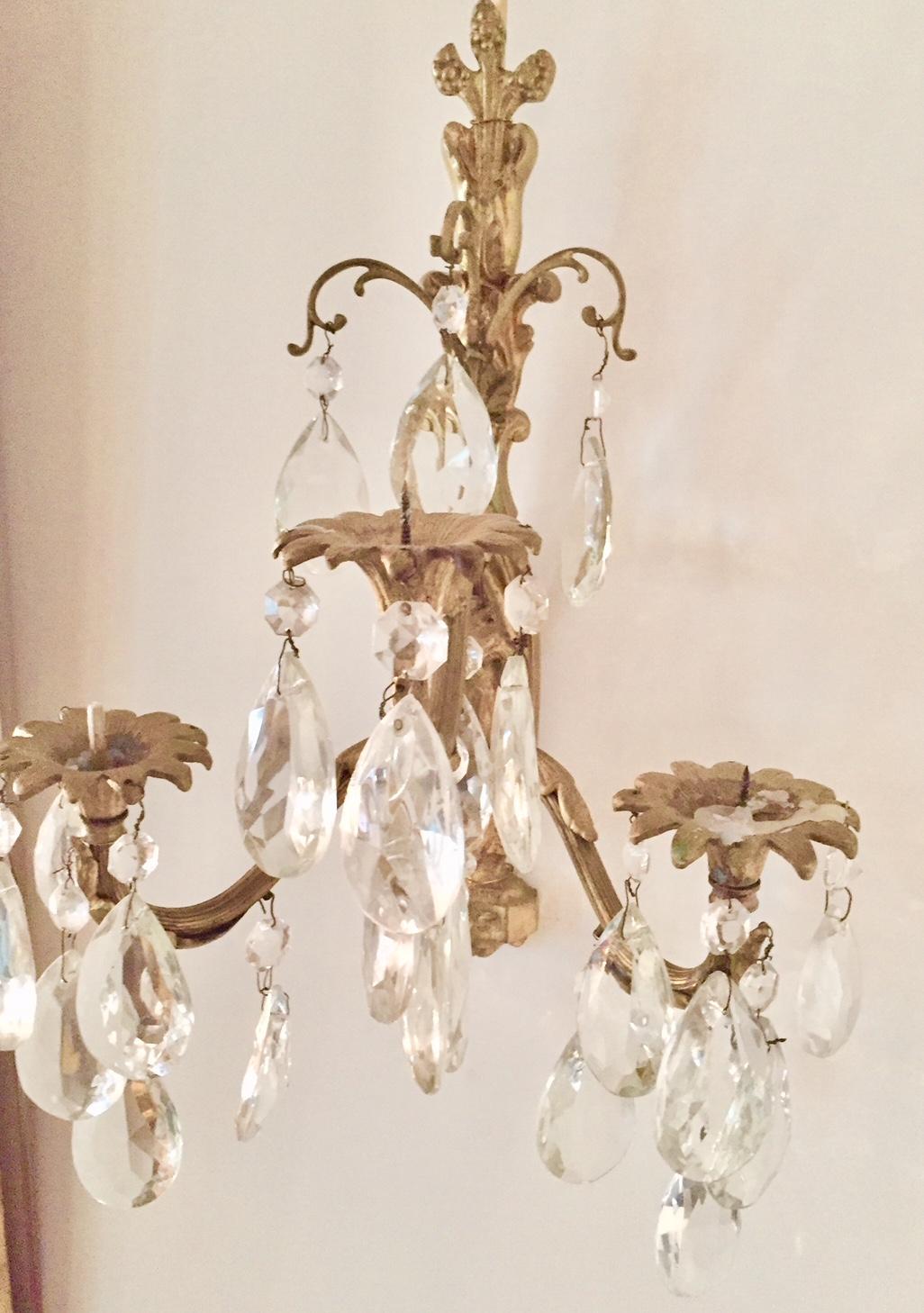 French Gilt Bronze and Crystal Sconces, Pair