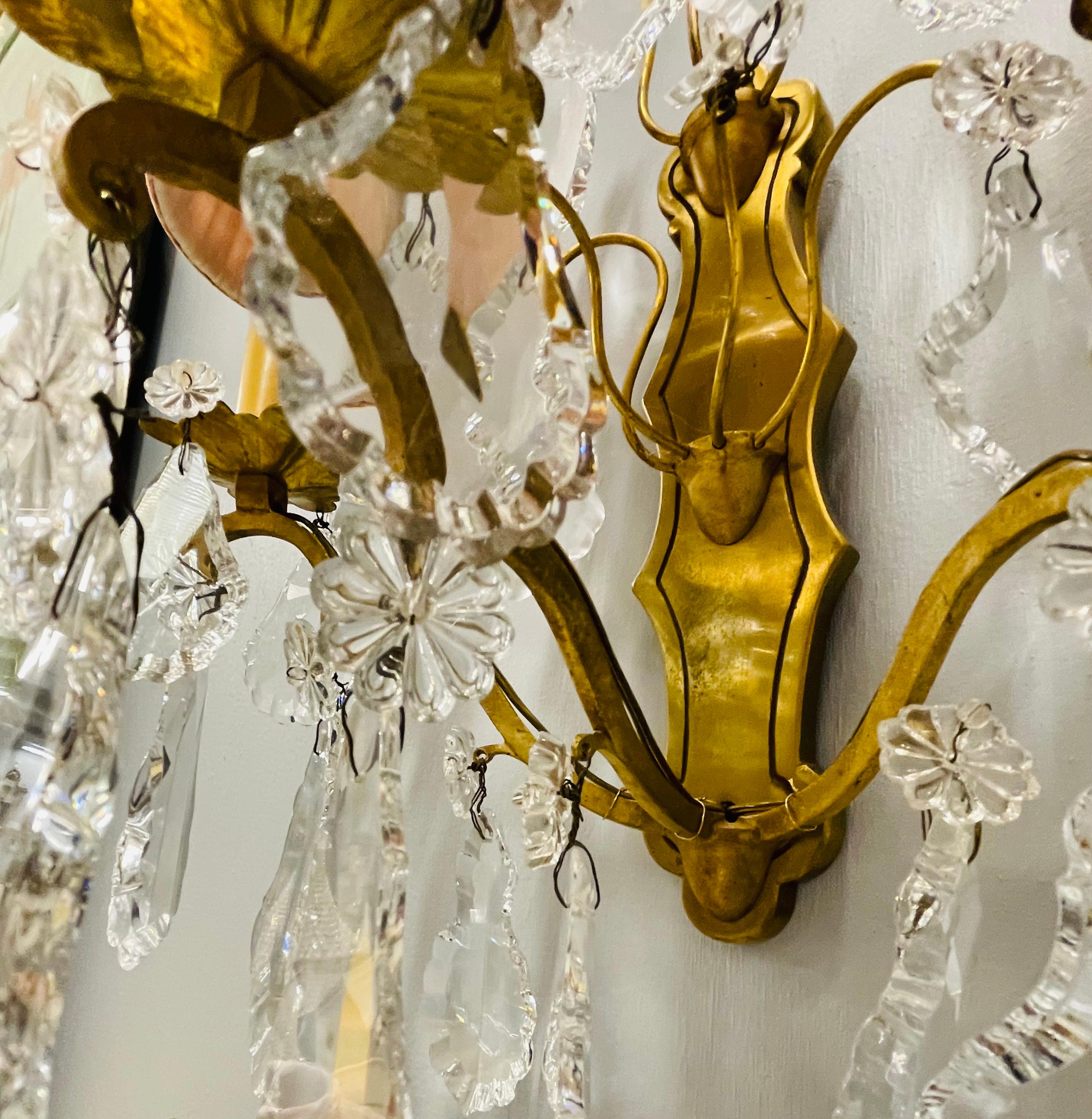 Gilt Bronze and Crystal Three-Light Wall Sconces French Early 20th Century, Pair For Sale 2