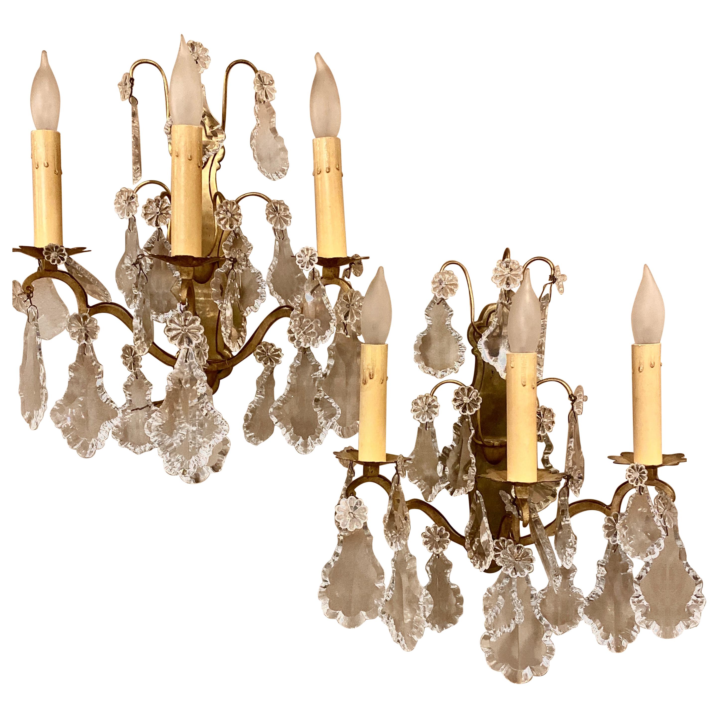 Gilt Bronze and Crystal Three-Light Wall Sconces French Early 20th Century, Pair For Sale