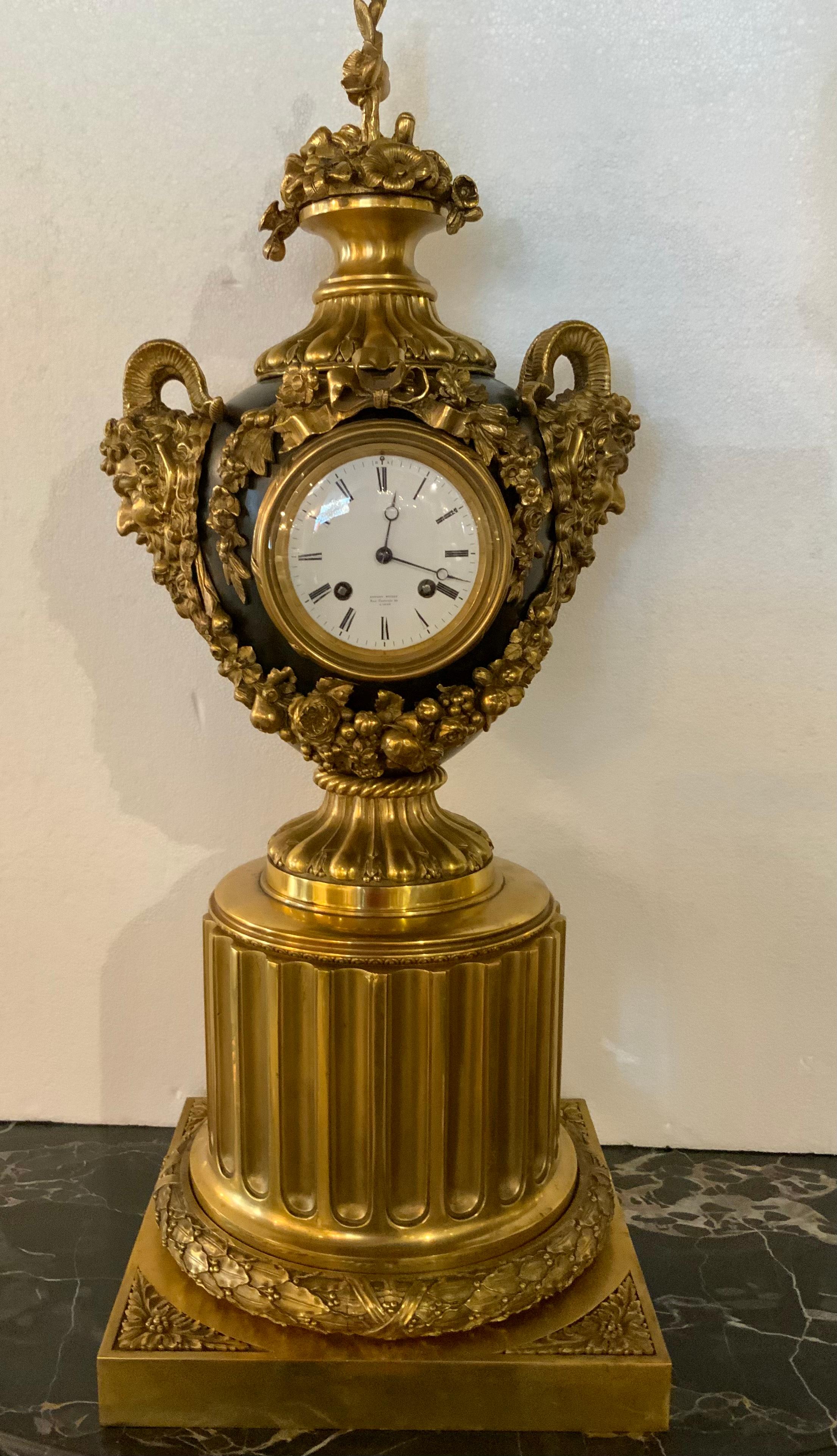 19th Century Gilt Bronze and Ebony Table Top /Mantel Clock French 19 Th Century For Sale