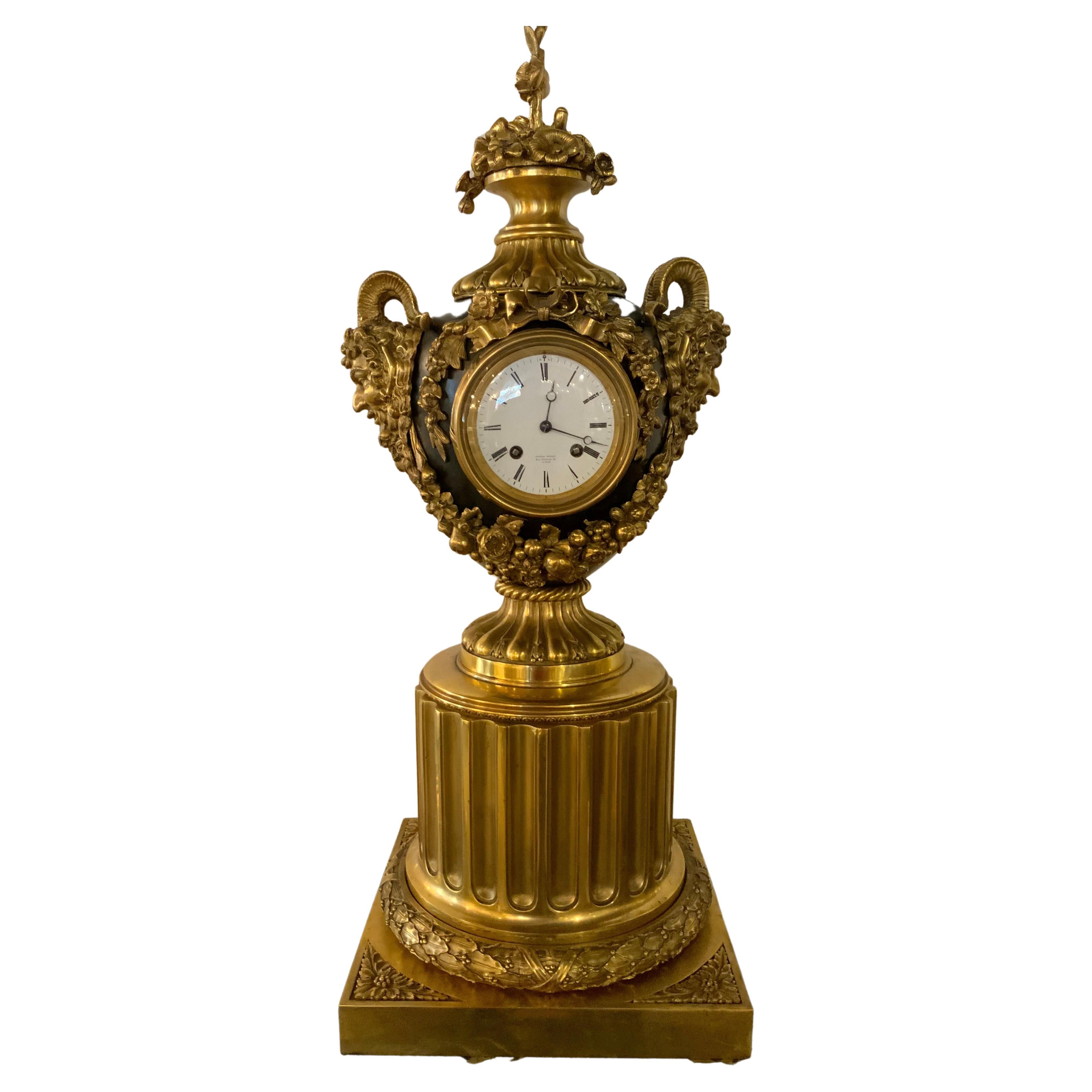 Gilt Bronze and Ebony Table Top /Mantel Clock French 19 Th Century For Sale