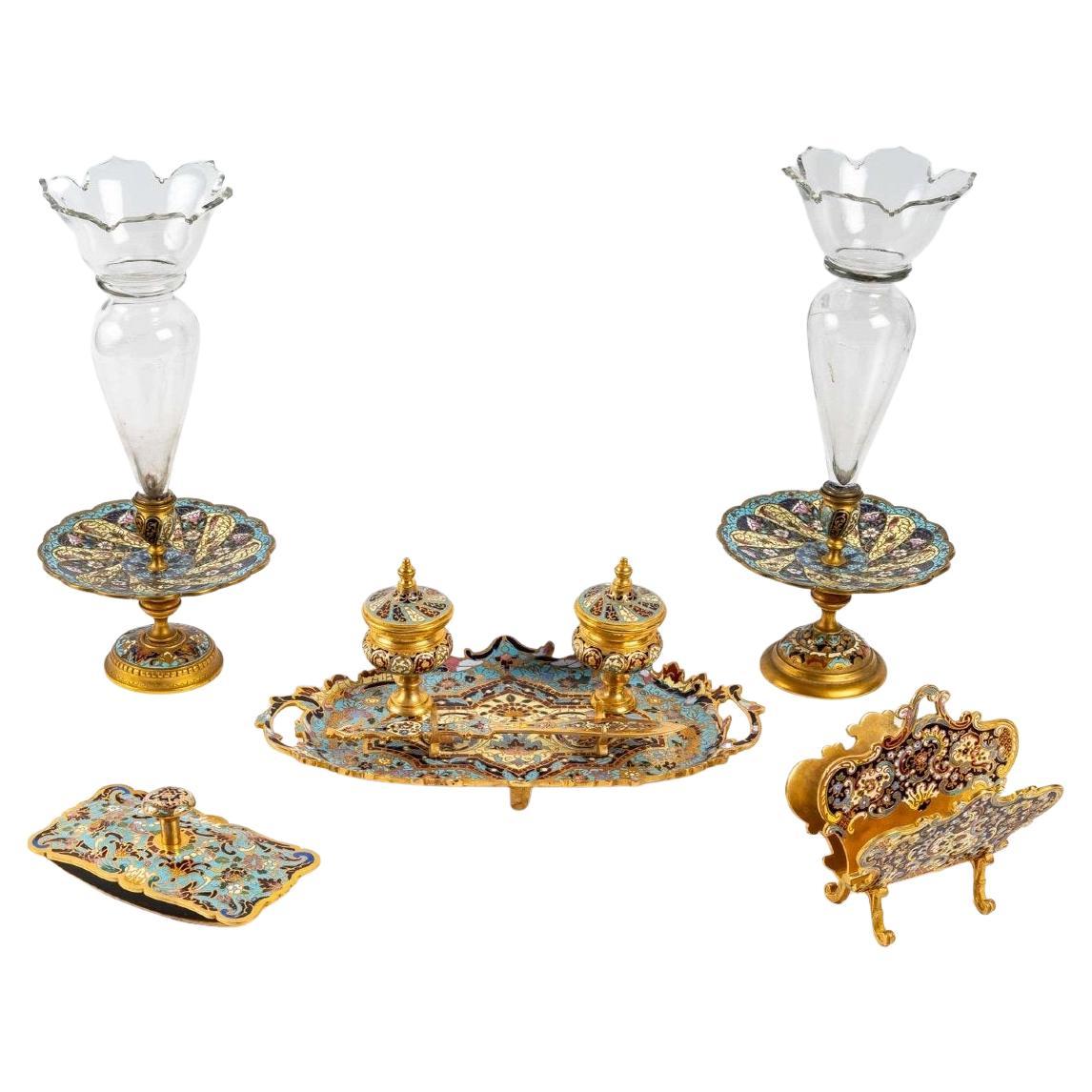 Cloisonné and Enamelled Bronze Set, Signed F. Barbedienne at 1stDibs