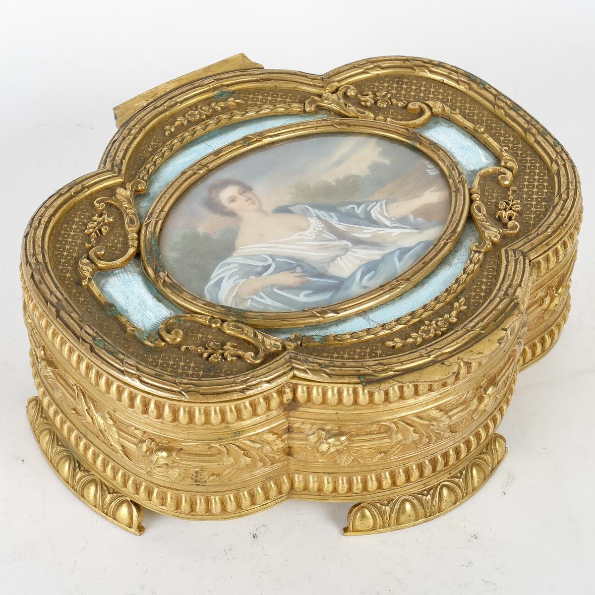 Napoleon III Gilt Bronze and Enamel Plaque Box, 19th Century. For Sale
