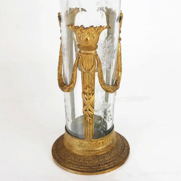 Gilt Bronze and Engraved Glass Flower Vase For Sale at 1stDibs