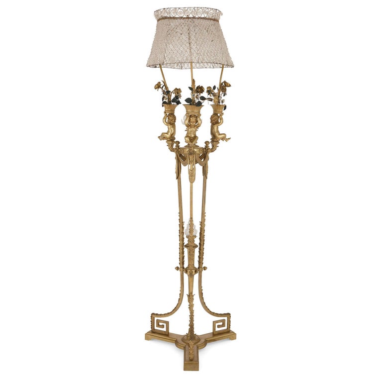 Gilt Bronze And Glass Floor Lamp With Tole Porcelain Flower Decoration