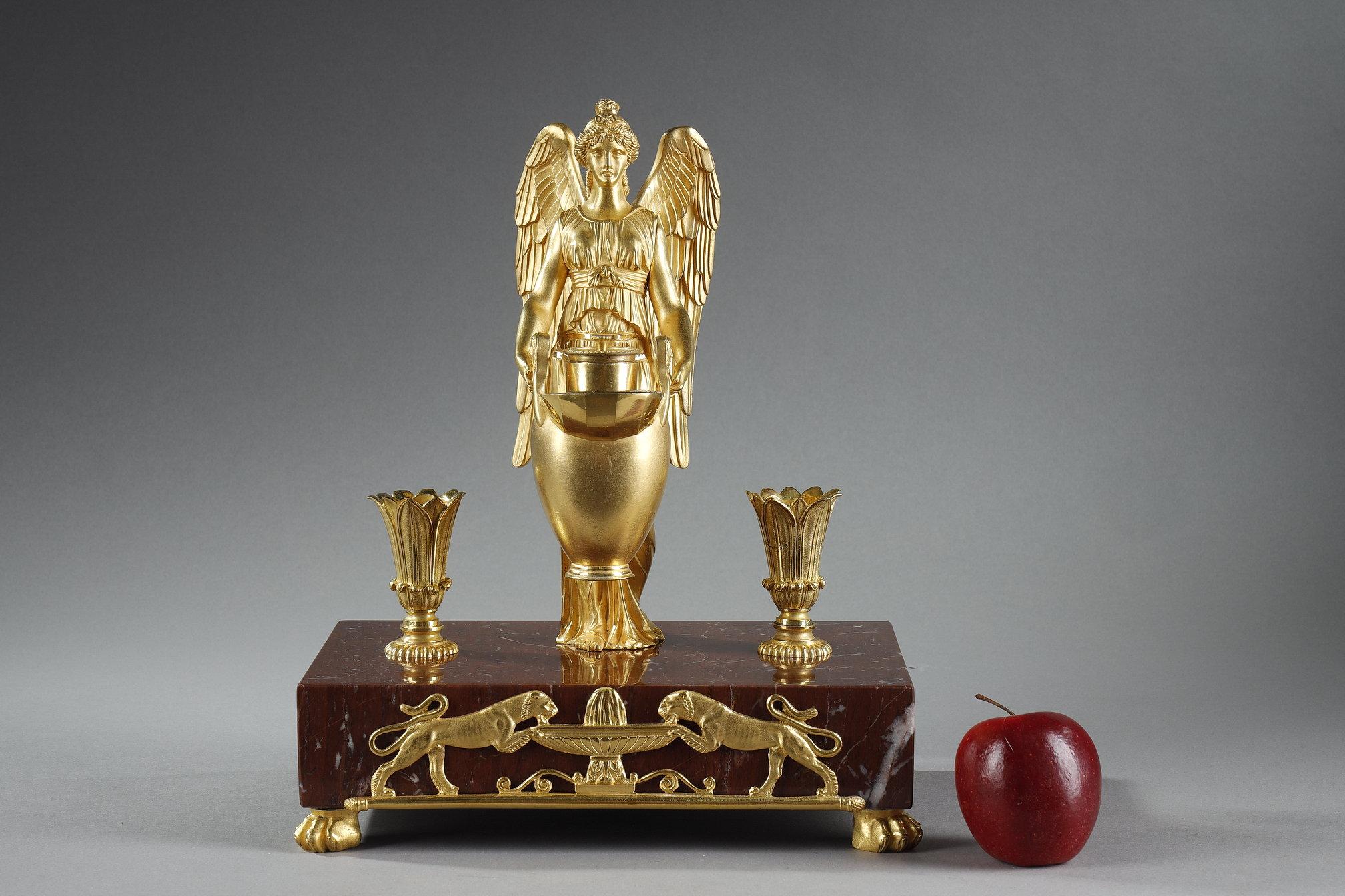 French Gilt Bronze and Griotte Red marble inkwell, Empire Period, early 19th century For Sale