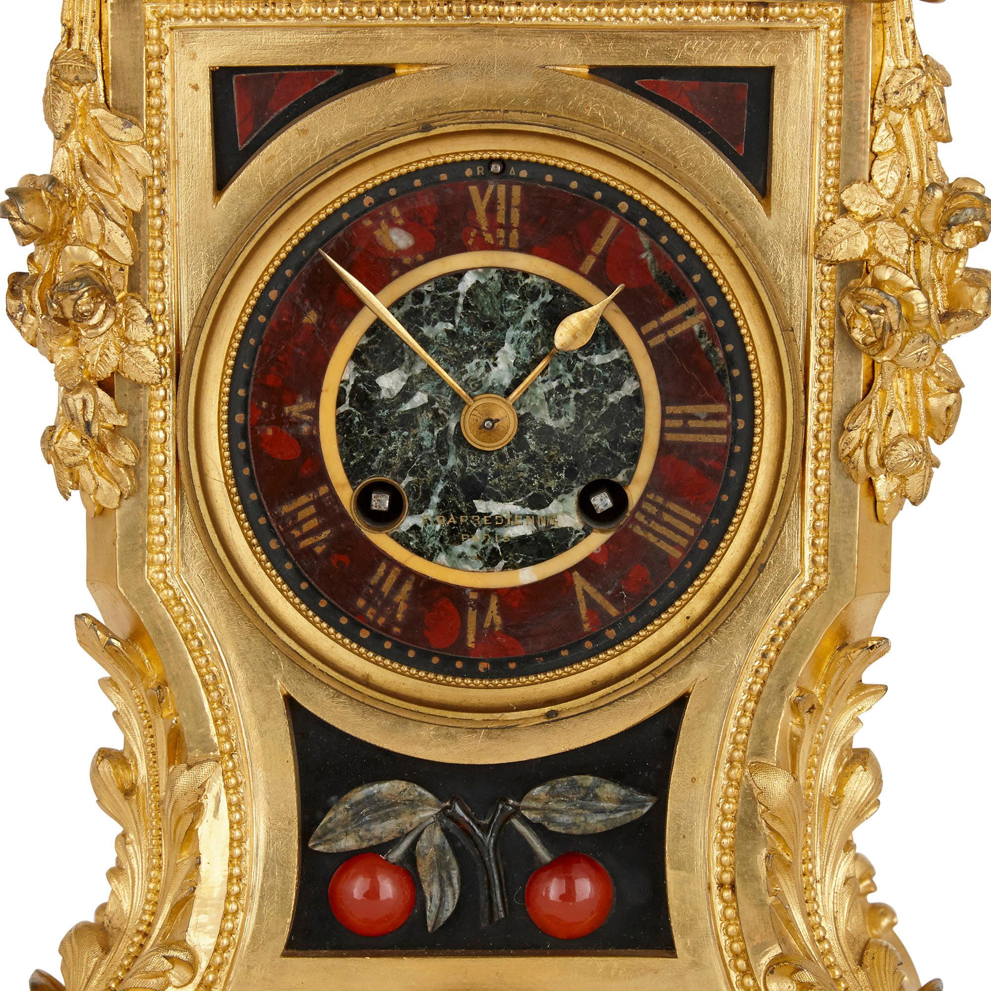 French Gilt Bronze and Hardstone Inlay Napoleon III Period Clock Set by Barbedienne For Sale