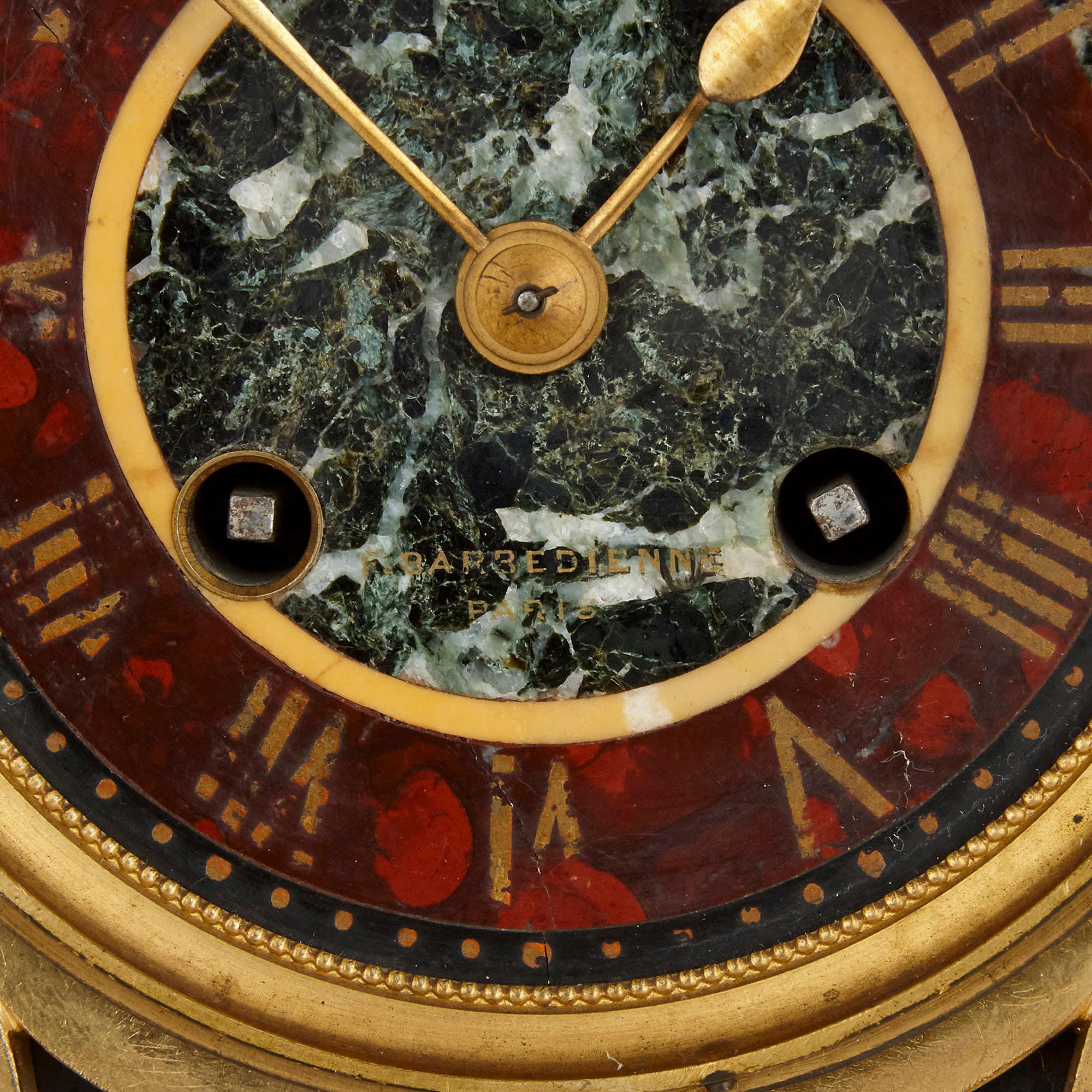 Gilt Bronze and Hardstone Inlay Napoleon III Period Clock Set by Barbedienne In Good Condition For Sale In London, GB