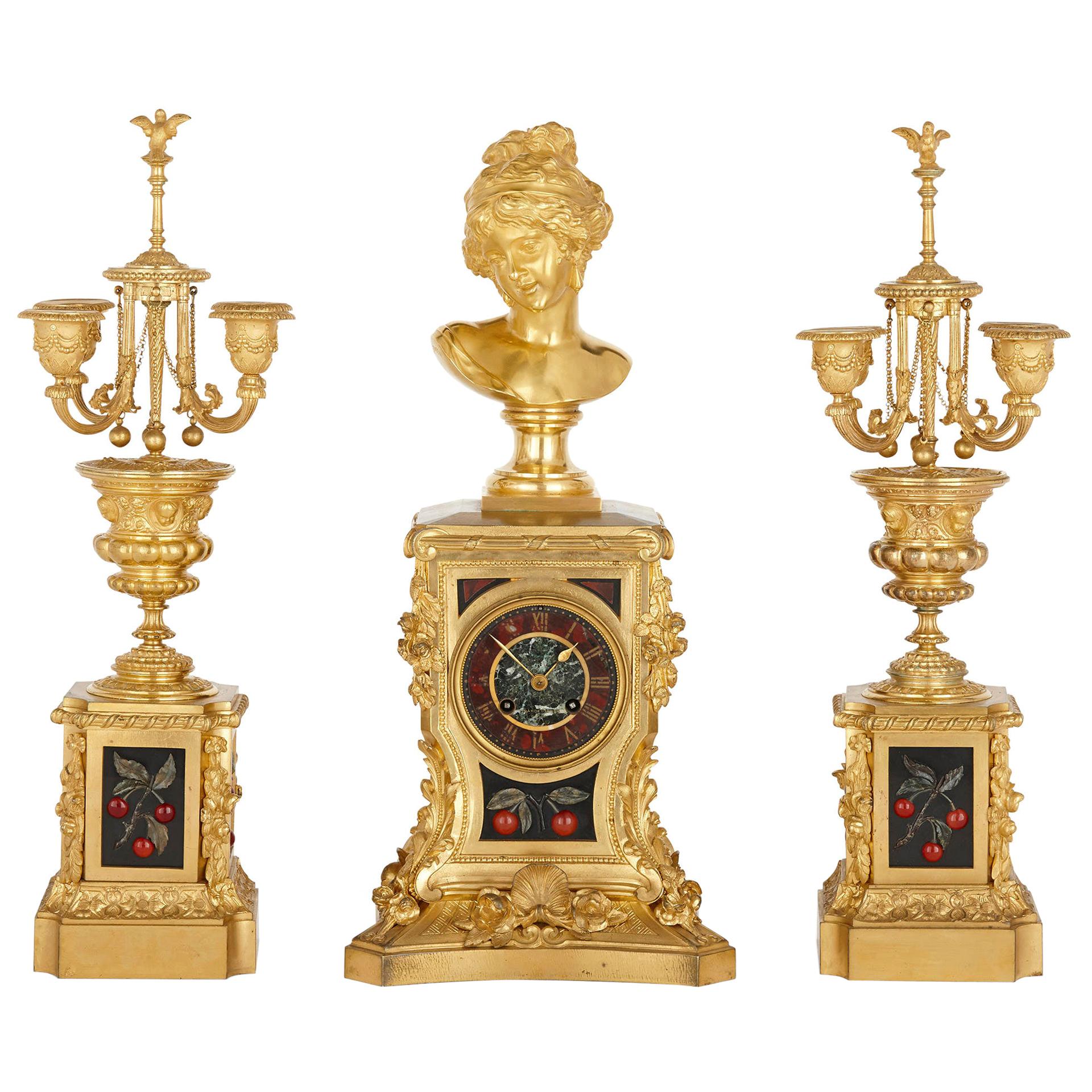 Gilt Bronze and Hardstone Inlay Napoleon III Period Clock Set by Barbedienne