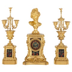 Antique Gilt Bronze and Hardstone Inlay Napoleon III Period Clock Set by Barbedienne