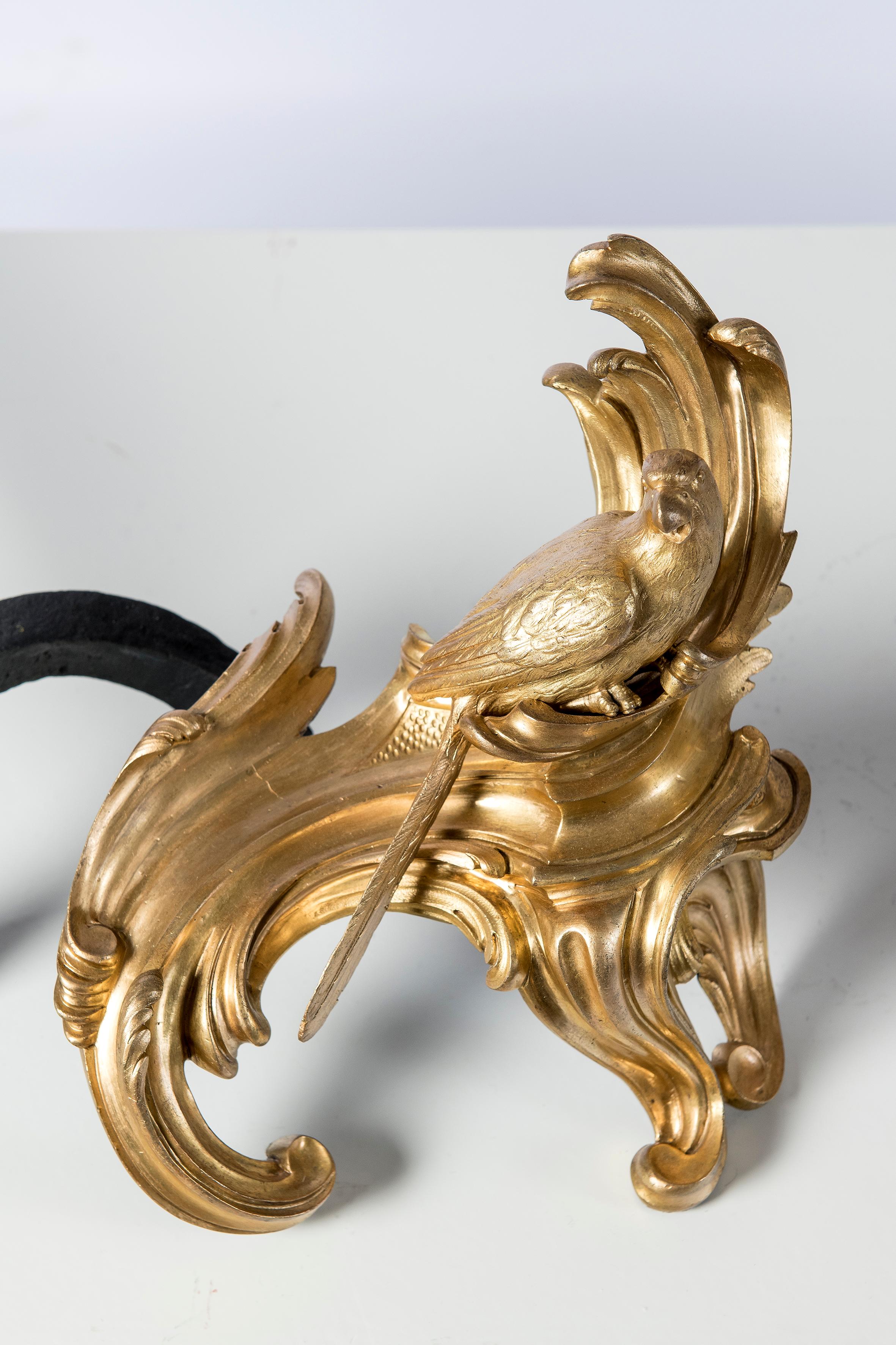 French Gilt Bronze and Iron Andirons with Bird Figures, Louis XV Style, circa 1890 For Sale