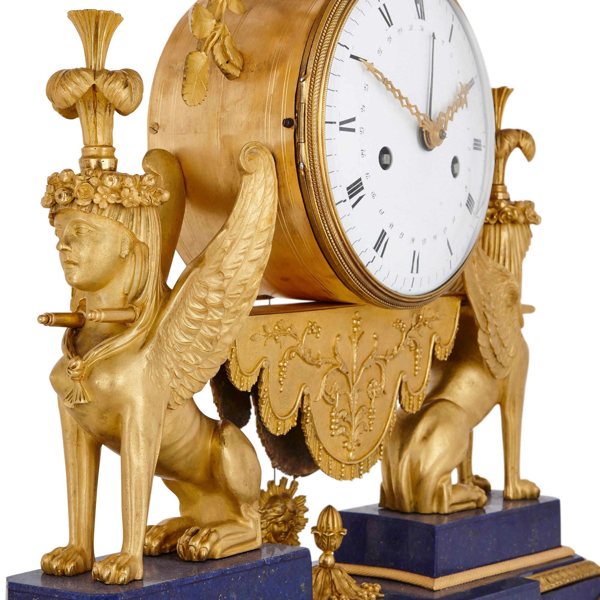 Gilt Bronze and Lapis French Empire Period Mantel Clock In Good Condition For Sale In London, GB