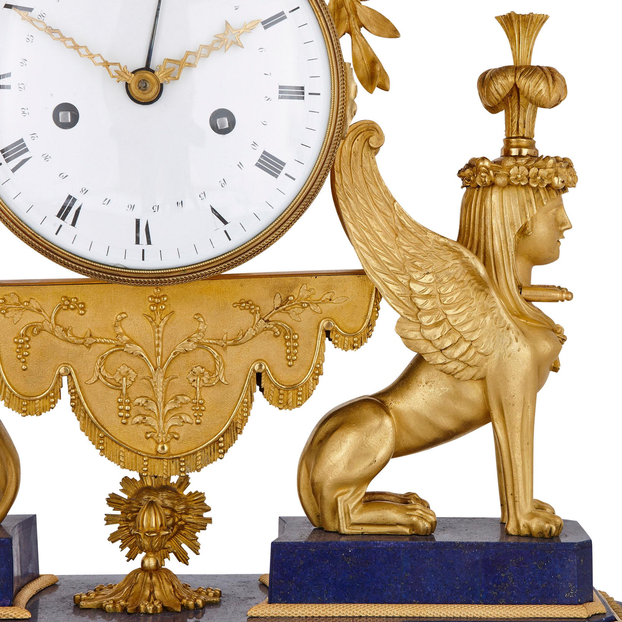 19th Century Gilt Bronze and Lapis French Empire Period Mantel Clock For Sale