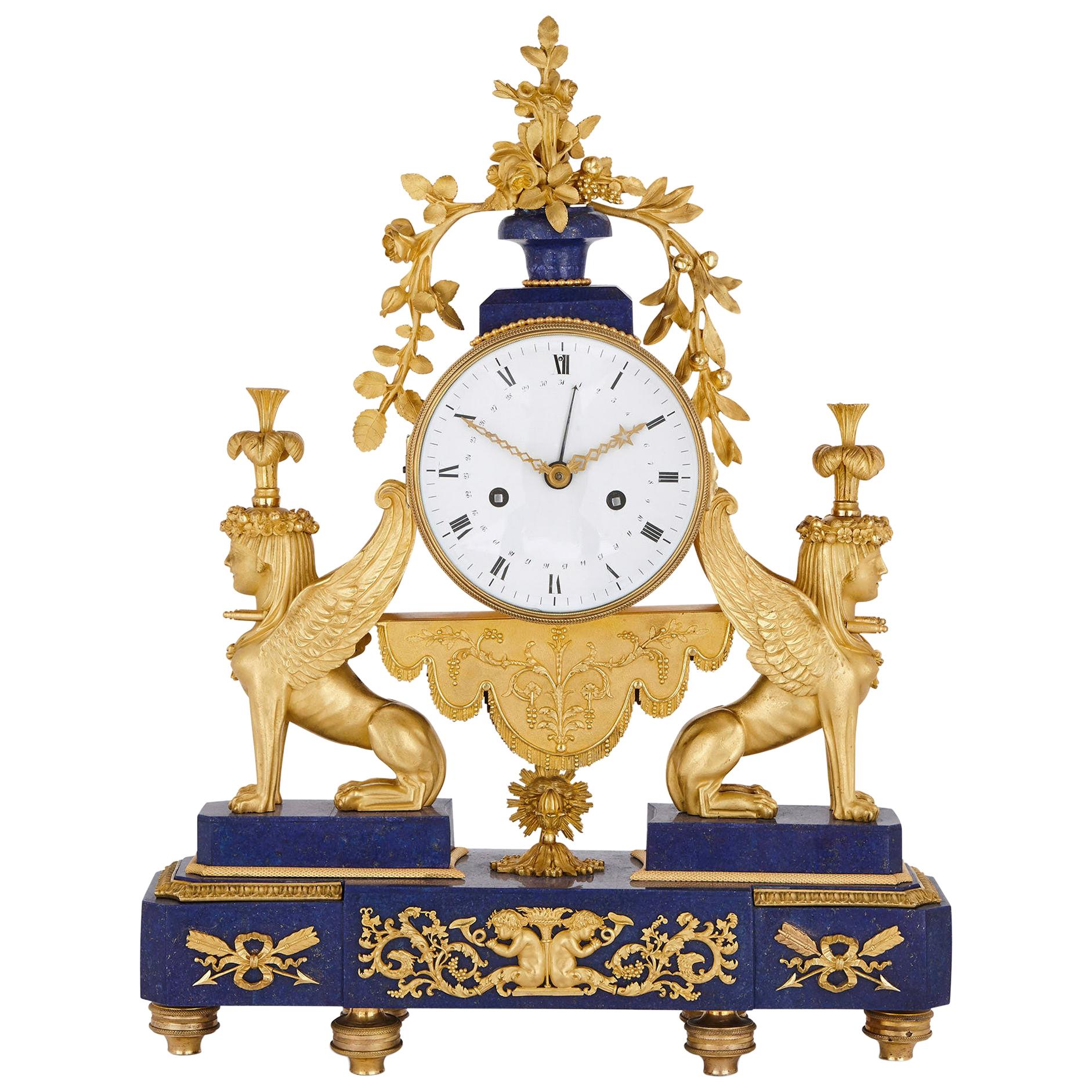 Gilt Bronze and Lapis French Empire Period Mantel Clock