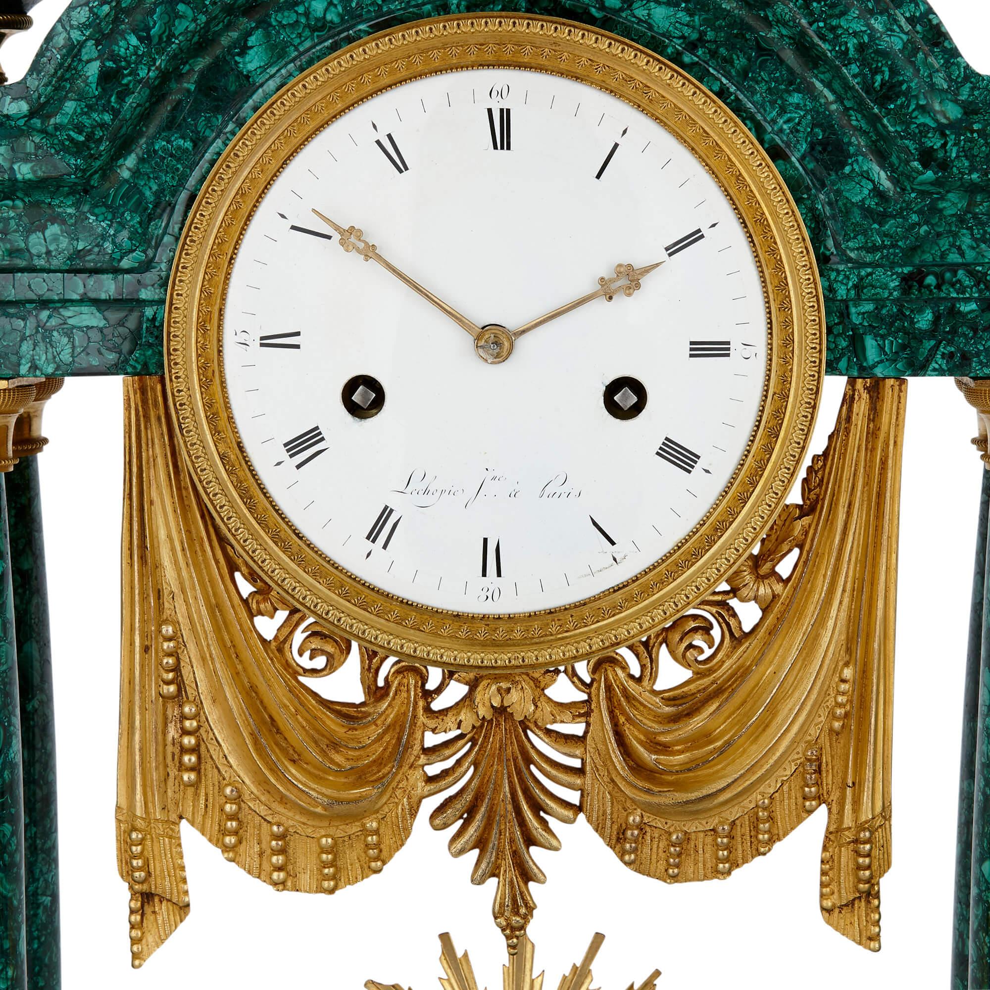 French Gilt Bronze and Malachite Louis XVI Clock For Sale