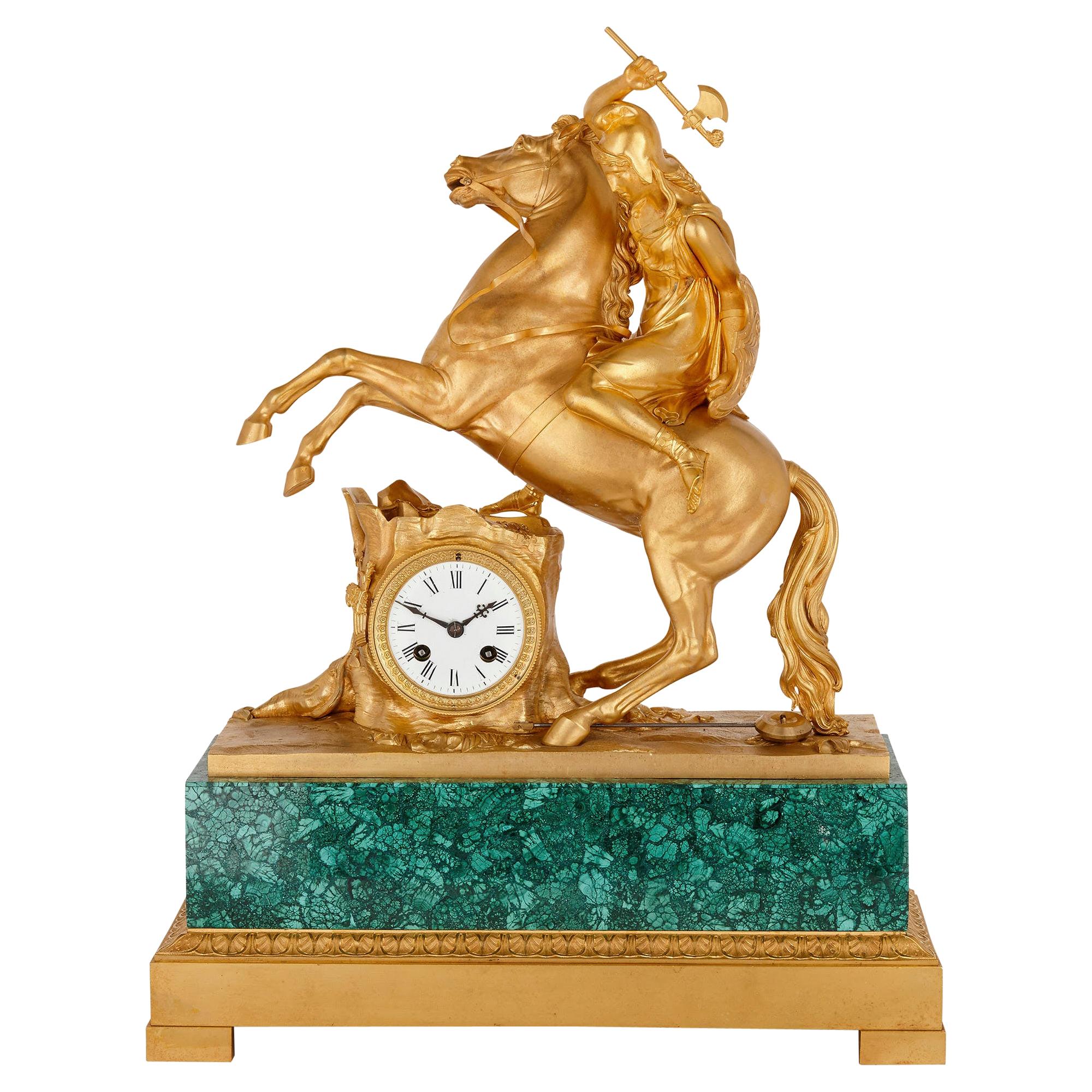 Gilt Bronze and Malachite Neoclassical Mantel Clock