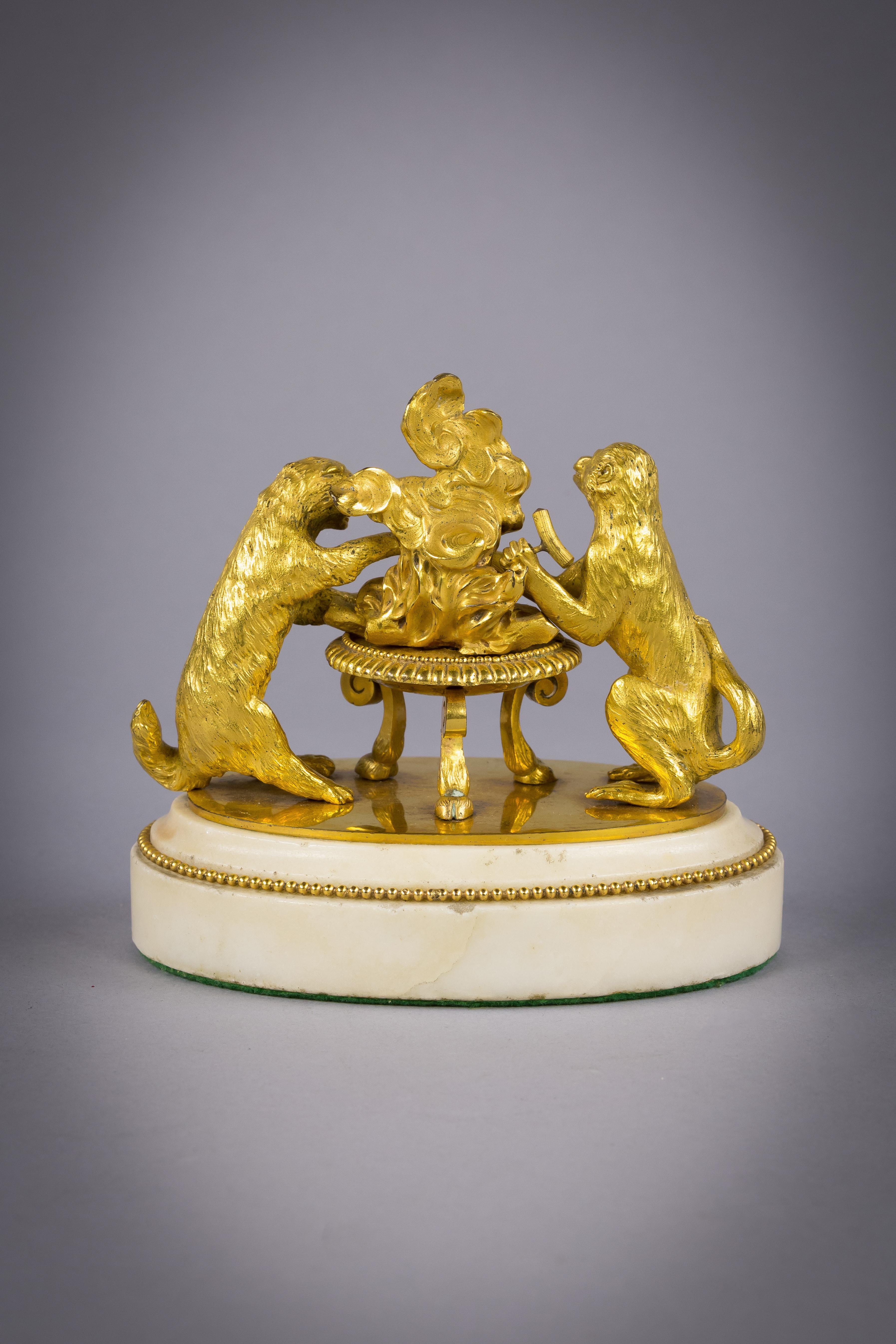 Gilt bronze and marble animal ornament group, continental, circa 1820.
