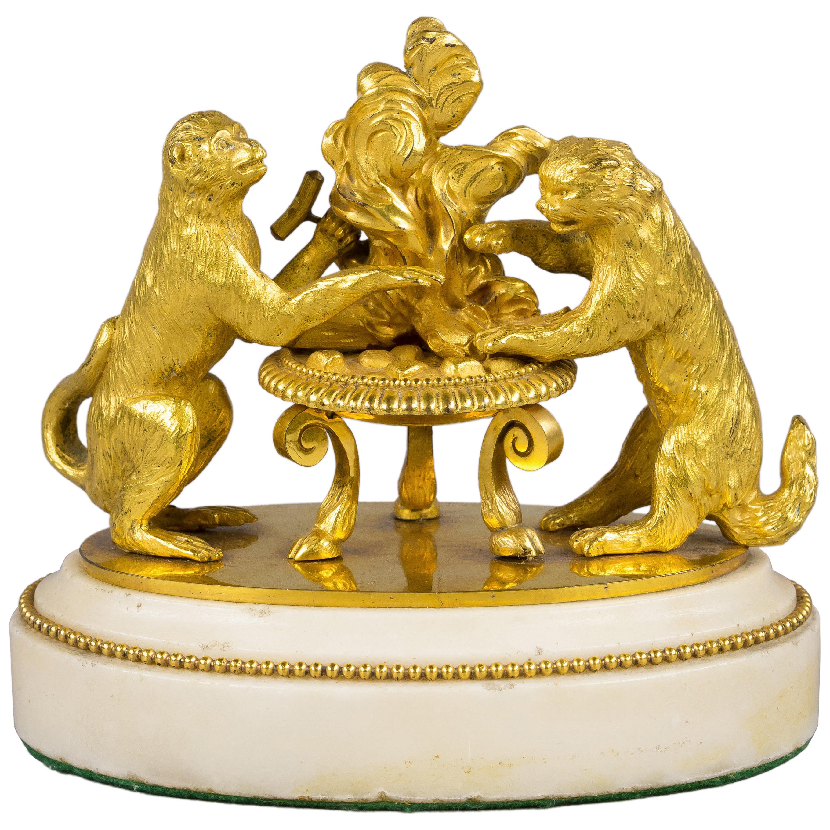 Tierornamentgruppe aus vergoldeter Bronze und Marmor, kontinental, um 1820