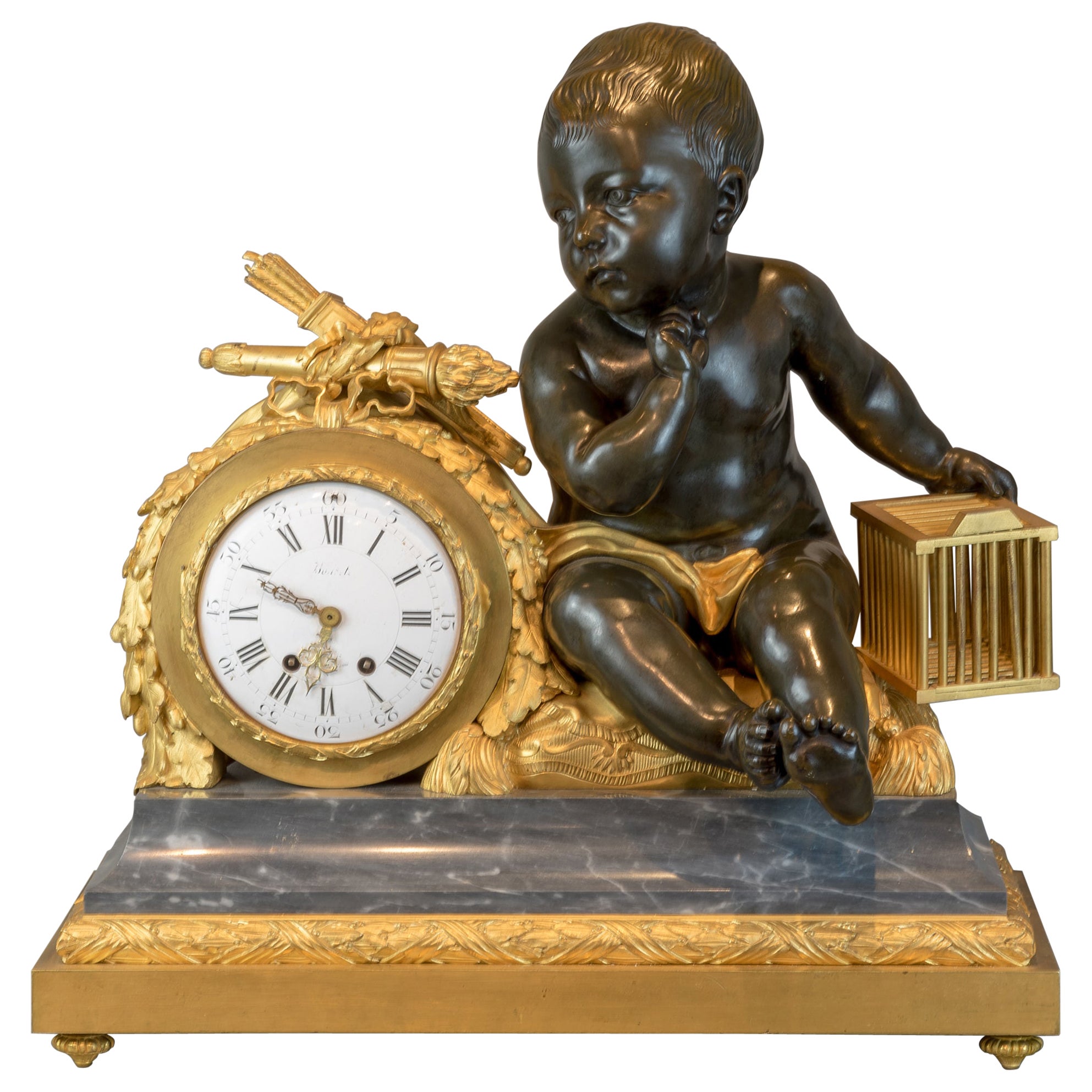 Orologio figurato in bronzo dorato e marmo di Beurdeley in vendita