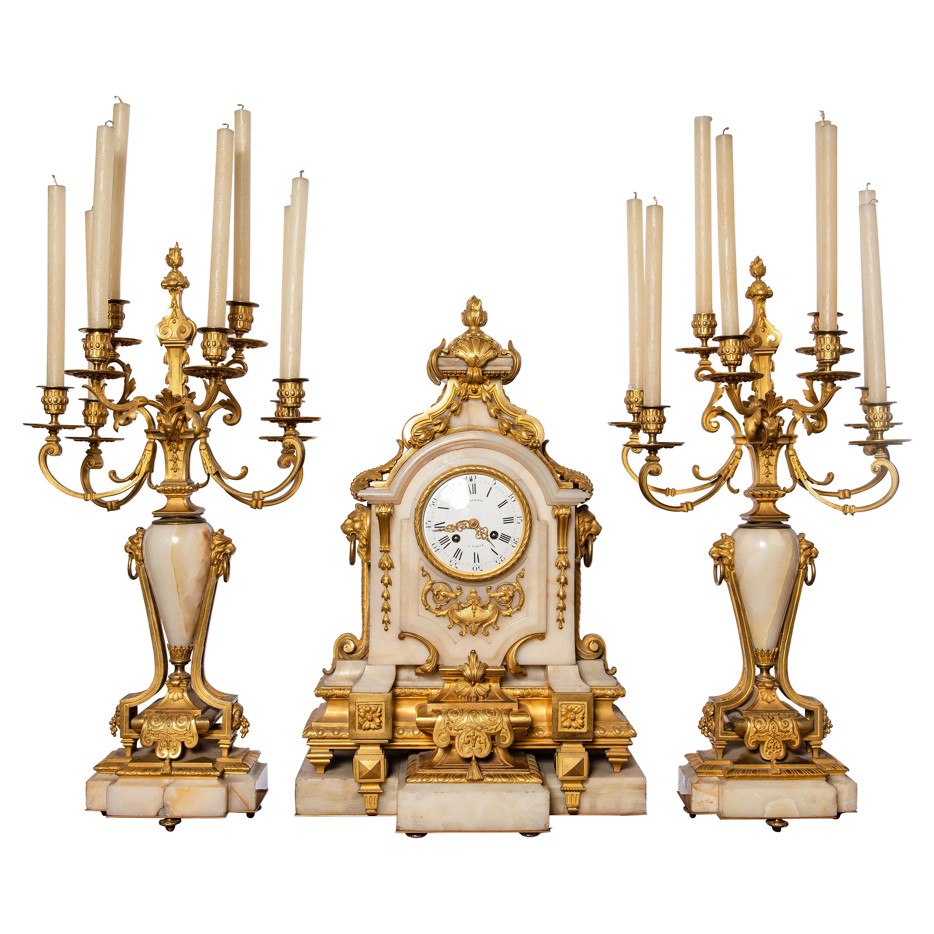 Gilt Bronze and Marble Garniture, Clock Signed Raingo Fres, France, 19th Century