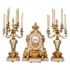 Used Gilt Bronze and Marble Garniture, Clock Signed Raingo Fres, France, 19th Century