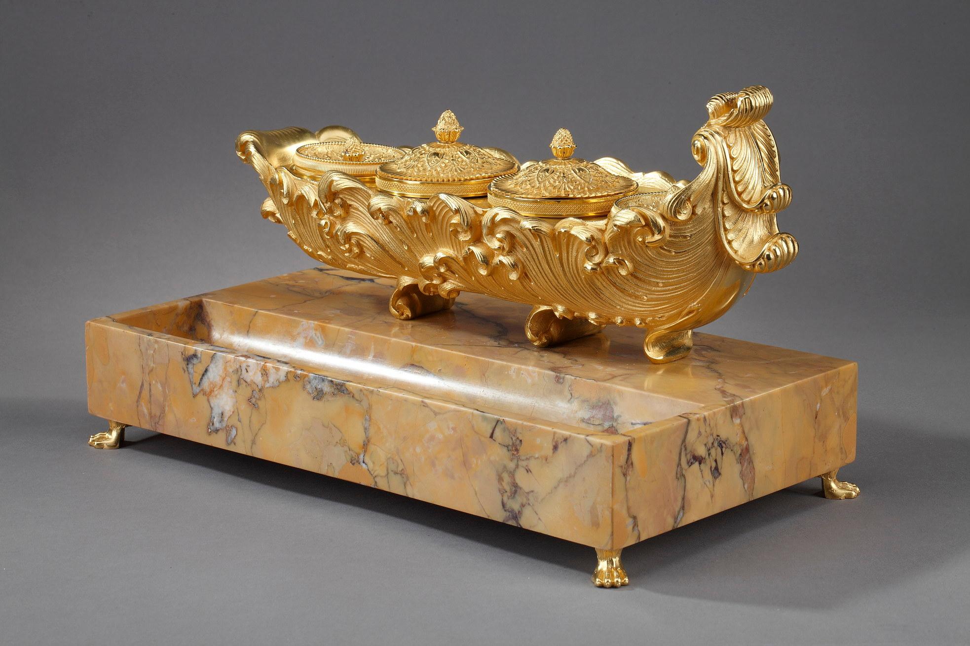 French Gilt Bronze and Marble Inkwell, Charles X Period