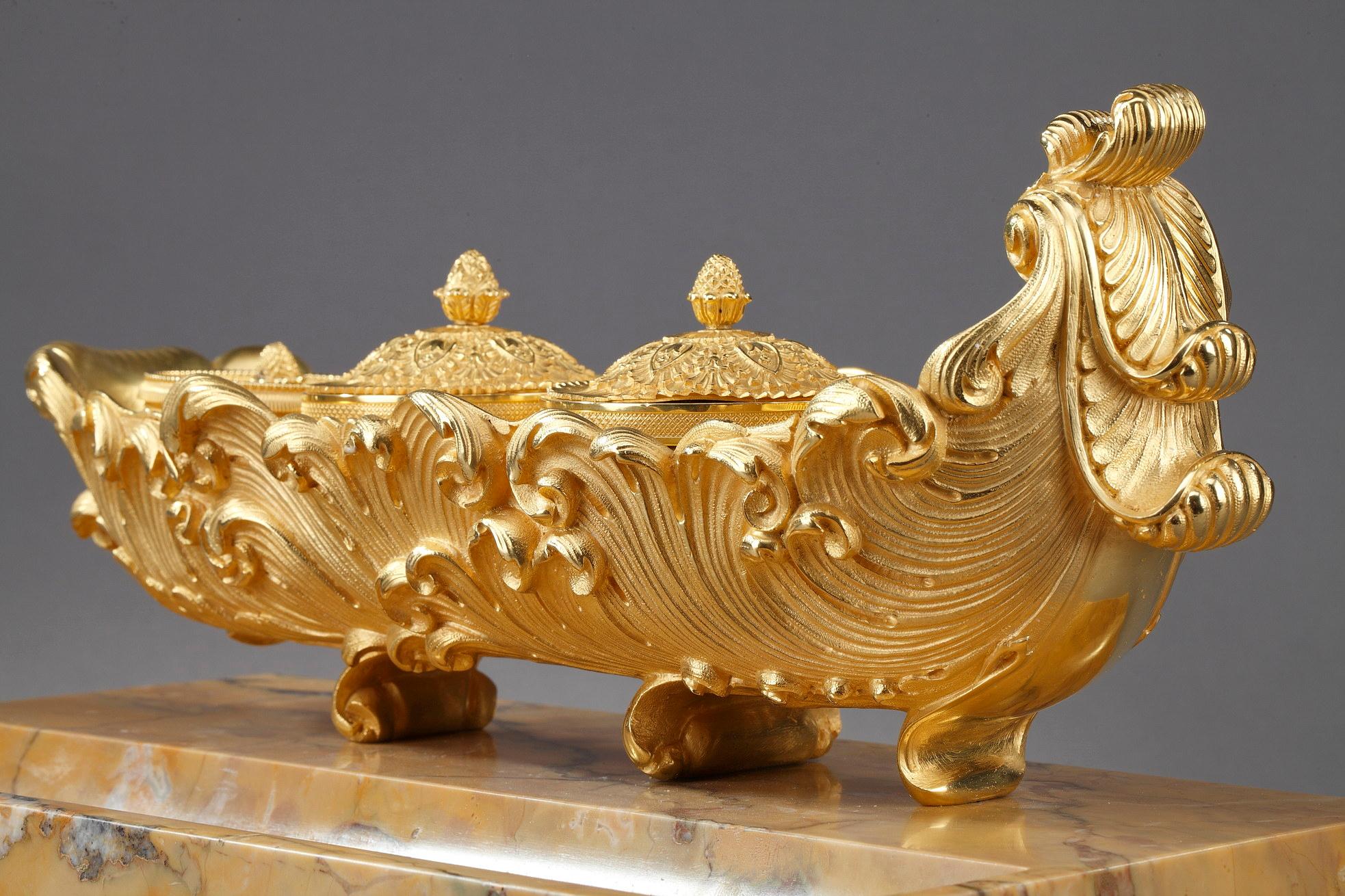 Early 19th Century Gilt Bronze and Marble Inkwell, Charles X Period