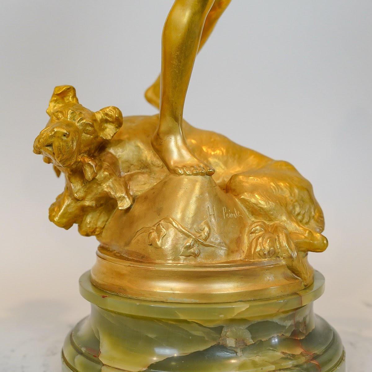 Escultura de bronce dorado y ónice de Henri Peinte, 1900. Francés