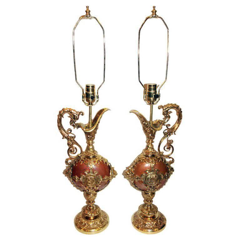 Gilt Bronze and Painted Toletable Lamps