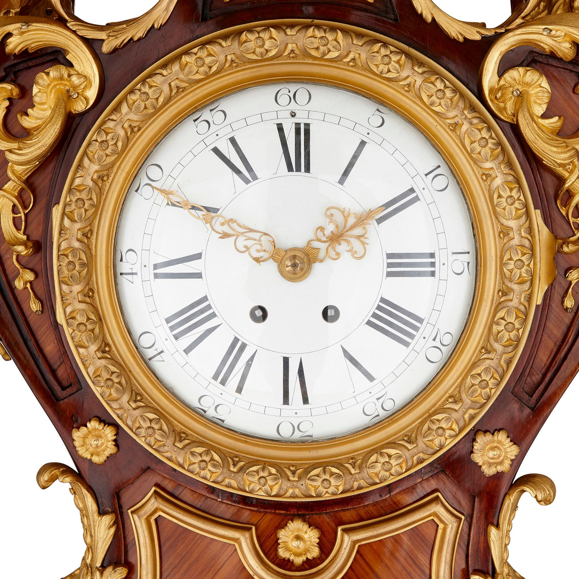 French Gilt Bronze and Parquetry Standing Clock by Kahn in the Régence Style For Sale