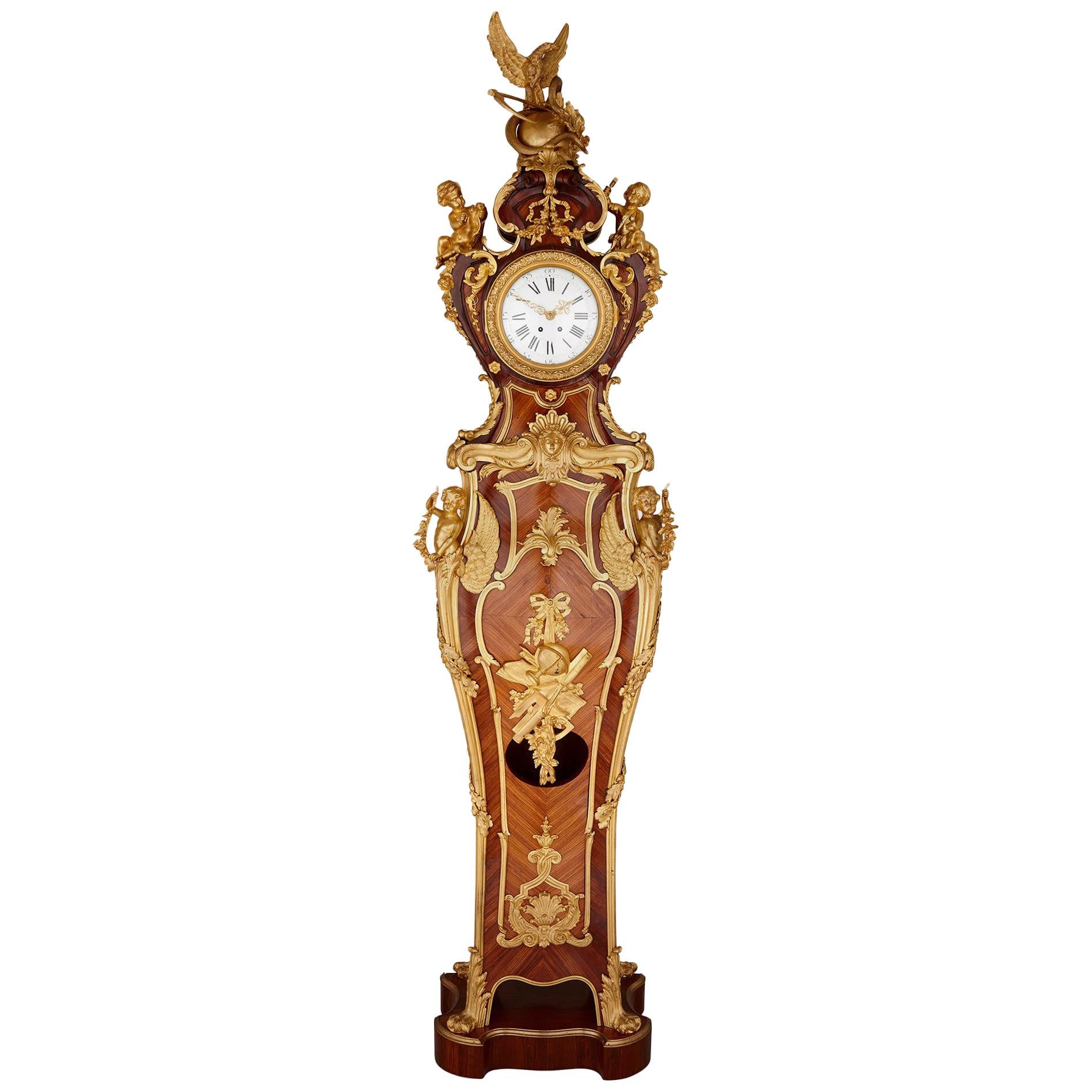 Gilt Bronze and Parquetry Standing Clock by Kahn in the Régence Style For Sale