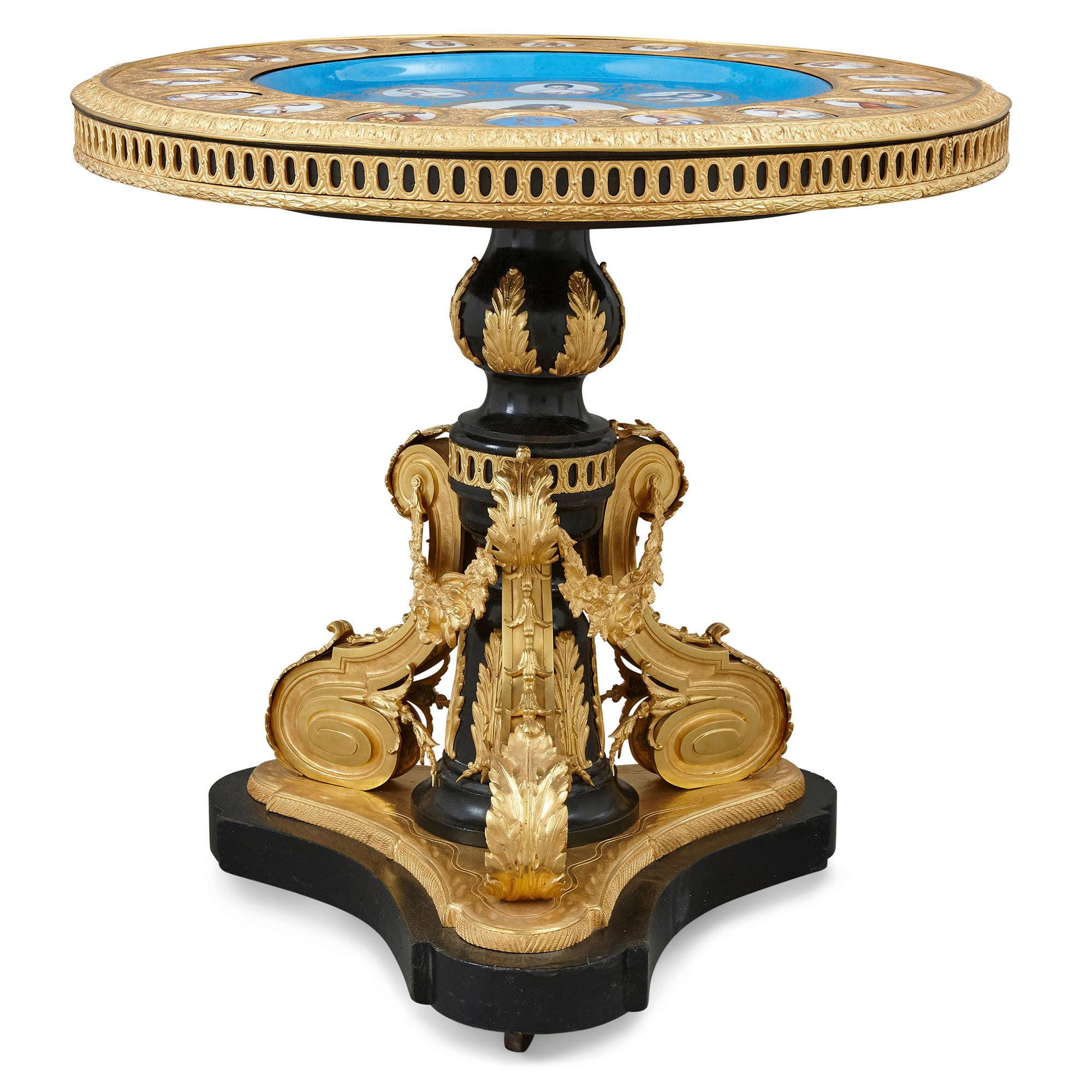 French Gilt Bronze and Porcelain Louis XVI Style Circular Side Table For Sale
