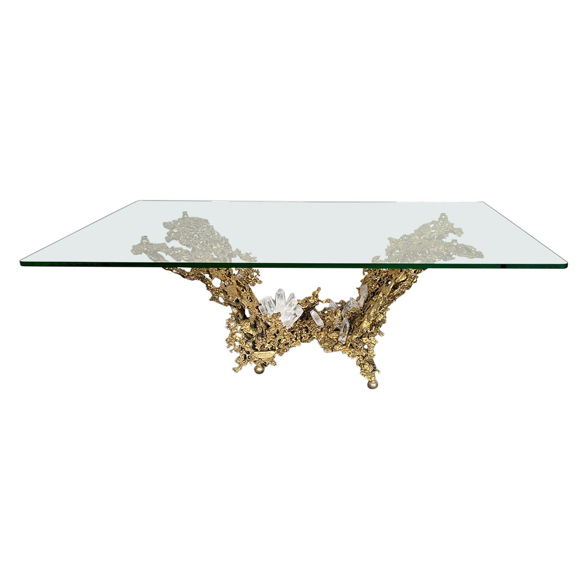Mesa de centro de bronce dorado y piedra de cuarzo de Boeltz, Francia, años 70