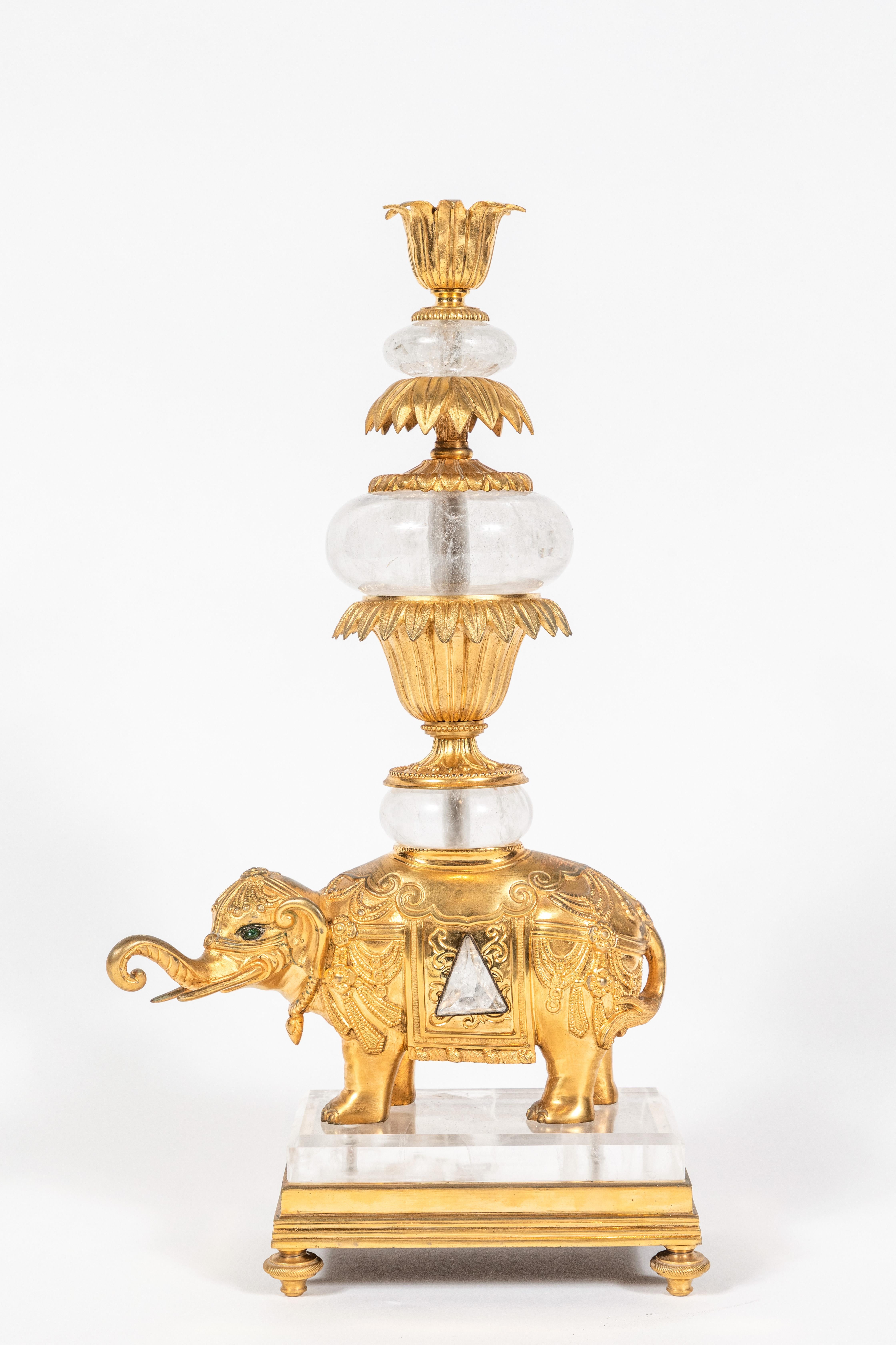 Early 20th Century Gilt Bronze and Rock Crystal, Elephant Candlestick