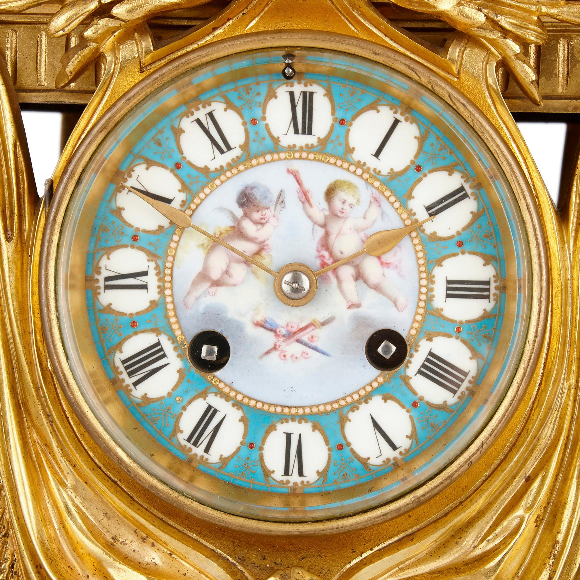Louis XVI Gilt Bronze and Sèvres Style Porcelain Clock Garniture For Sale