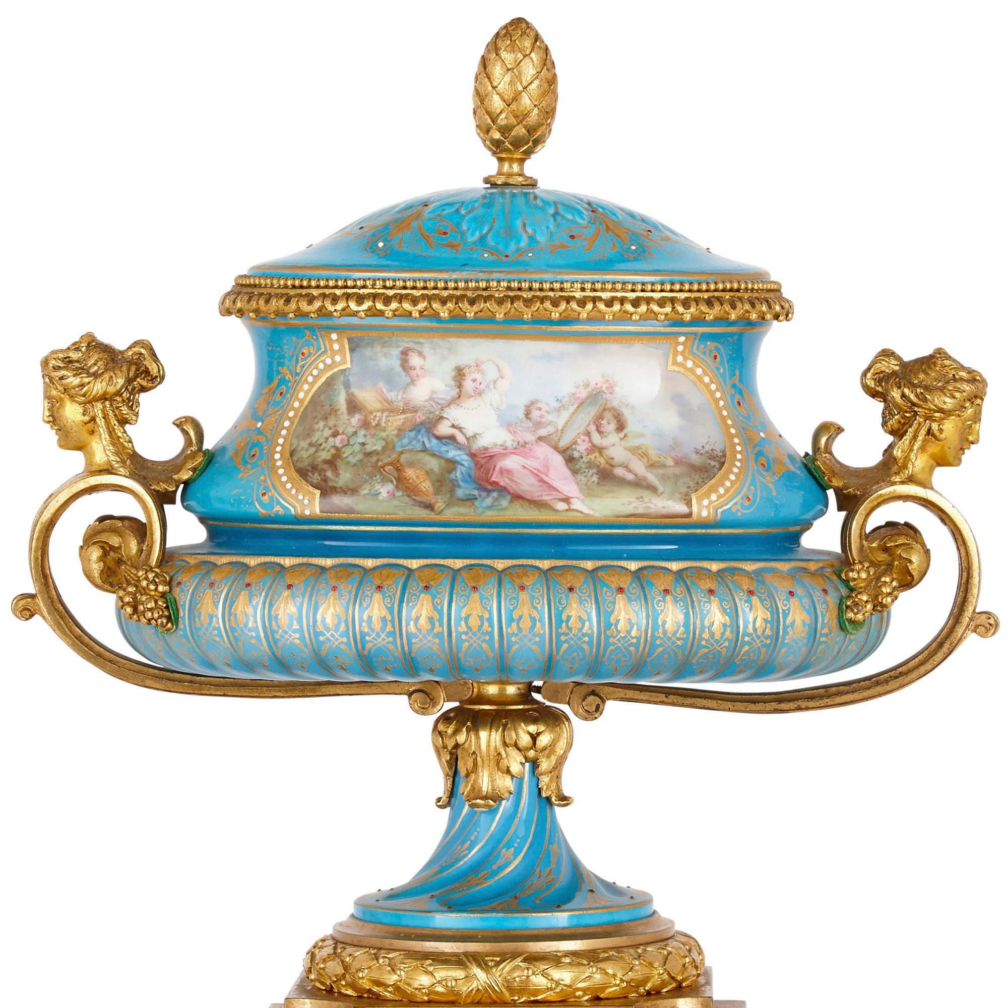 French Gilt Bronze and Sèvres Style Porcelain Clock Garniture For Sale