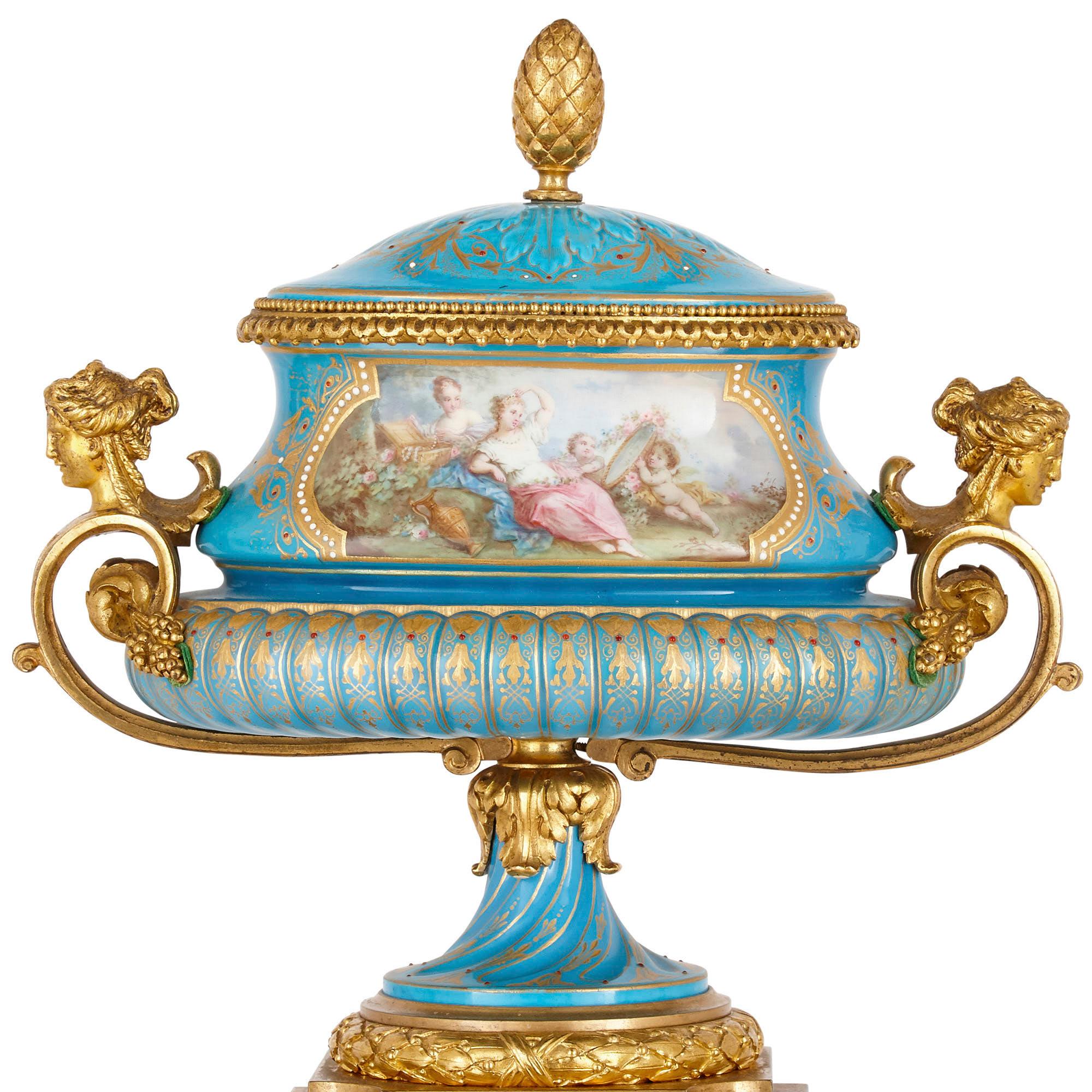 French Gilt Bronze and Sèvres Style Porcelain Clock Garniture For Sale