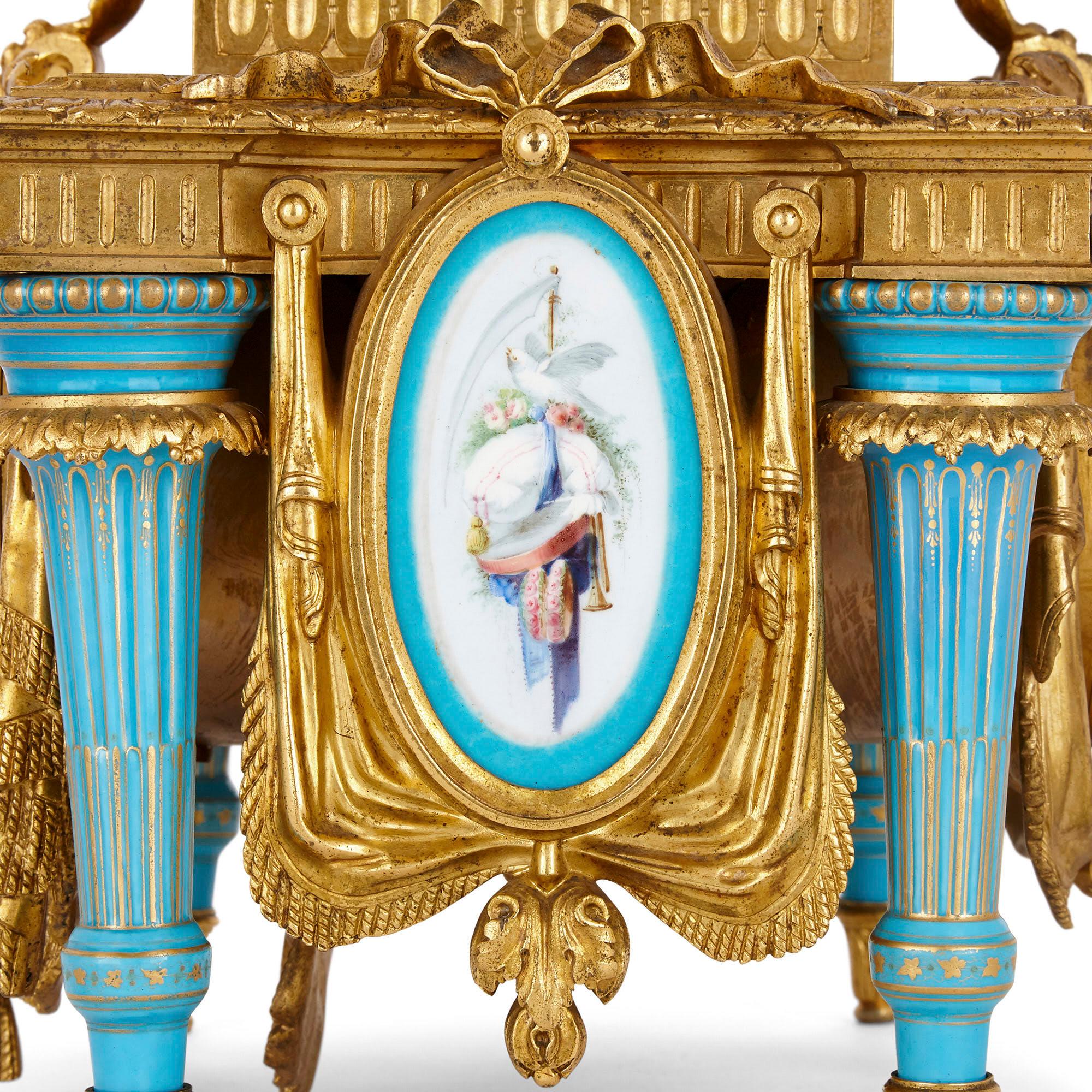 19th Century Gilt Bronze and Sèvres Style Porcelain Clock Garniture For Sale