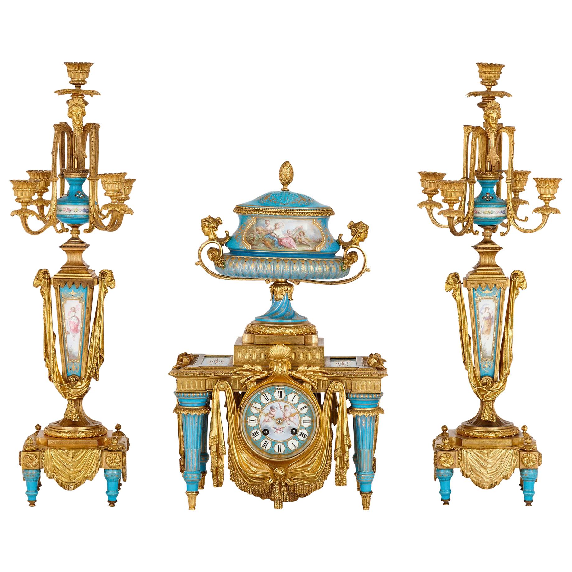 Gilt Bronze and Sèvres Style Porcelain Clock Garniture