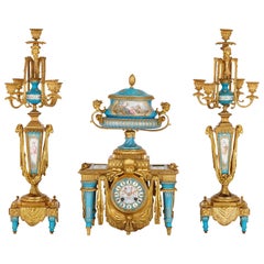 Antique Gilt Bronze and Sèvres Style Porcelain Clock Garniture