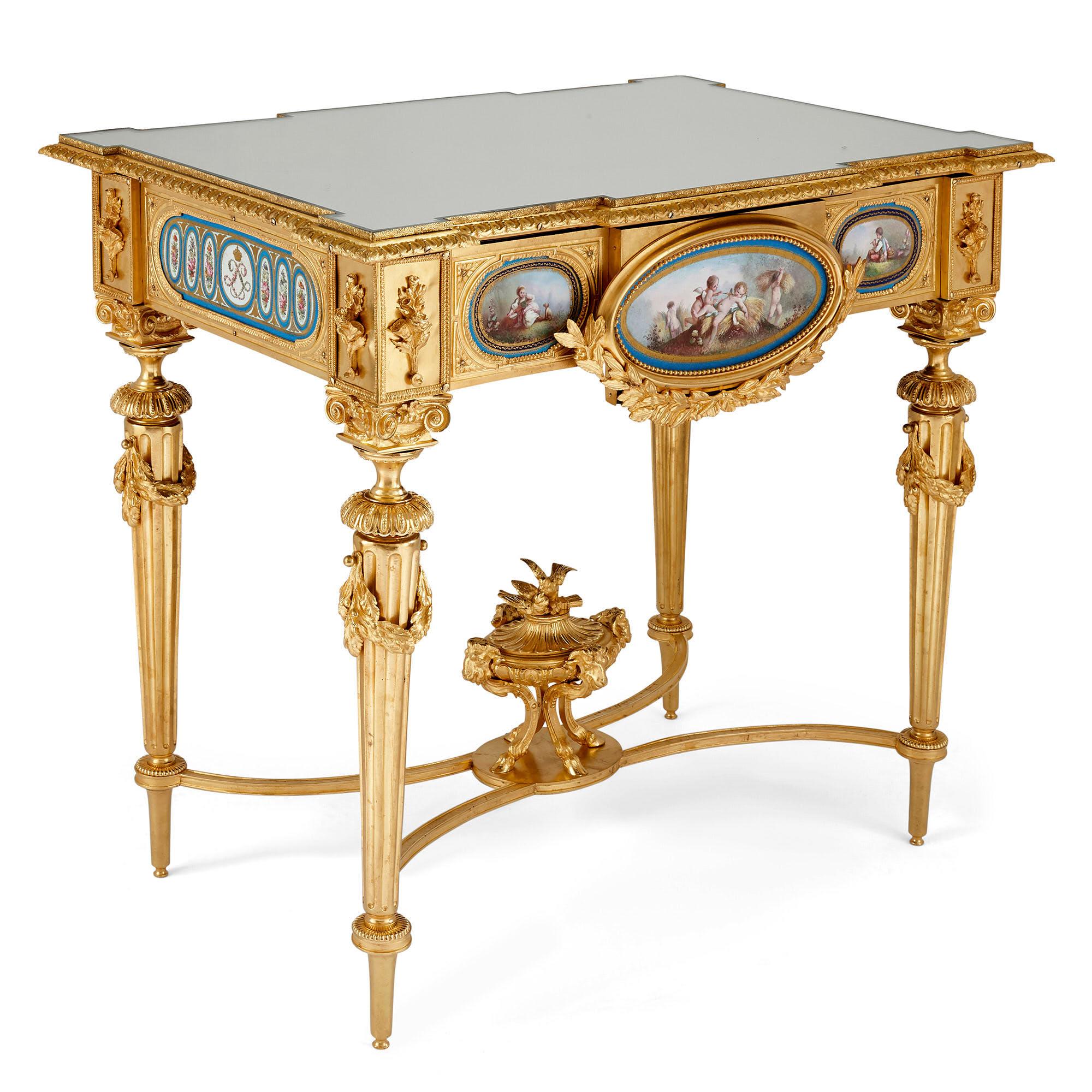 Hand-Painted Gilt Bronze and Sèvres Style Porcelain Louis XVI Style Casket on Stand For Sale