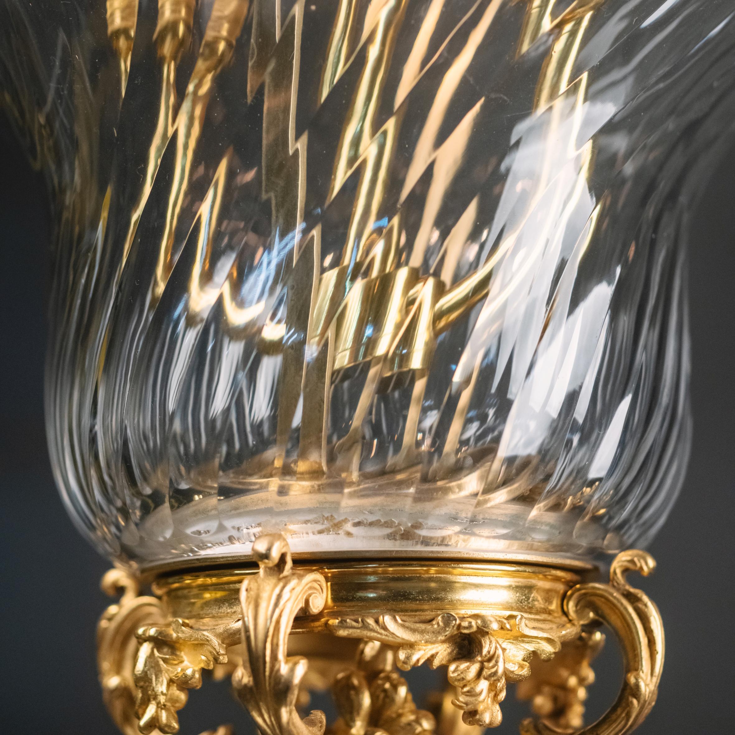 An unusual gilt-bronze and spiral moulded glass lantern, attributed to François Linke.

This striking lantern has a scrolling acanthus cast crown above a central stem and a pierced frame and collar supporting a spirally fluted moulded glass