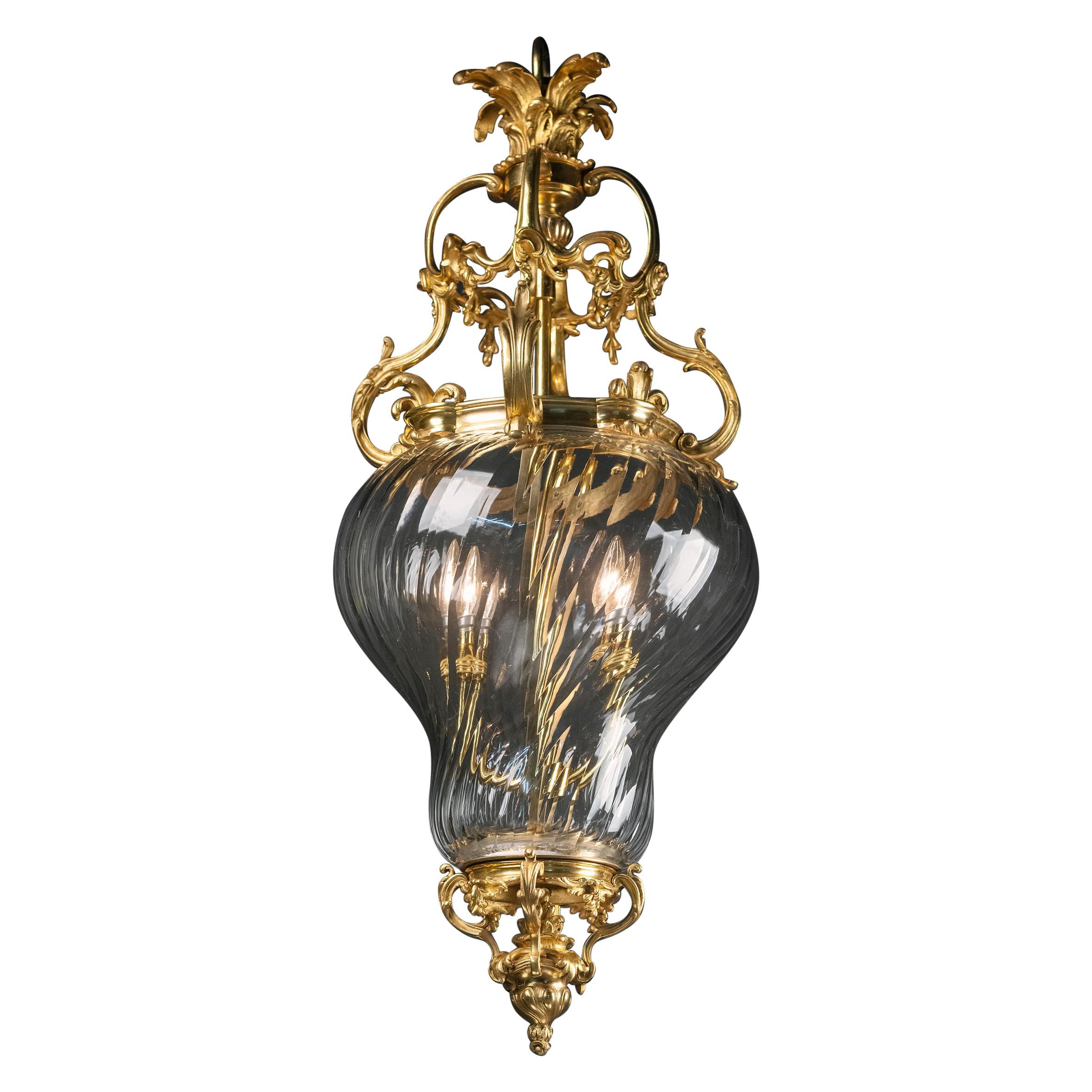 Gilt-Bronze and Spiral Moulded Glass Lantern Attributed to François Linke