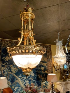 Gilt Bronze Antique Chandelier with Etched and Clear Glass Dome Interior Lights