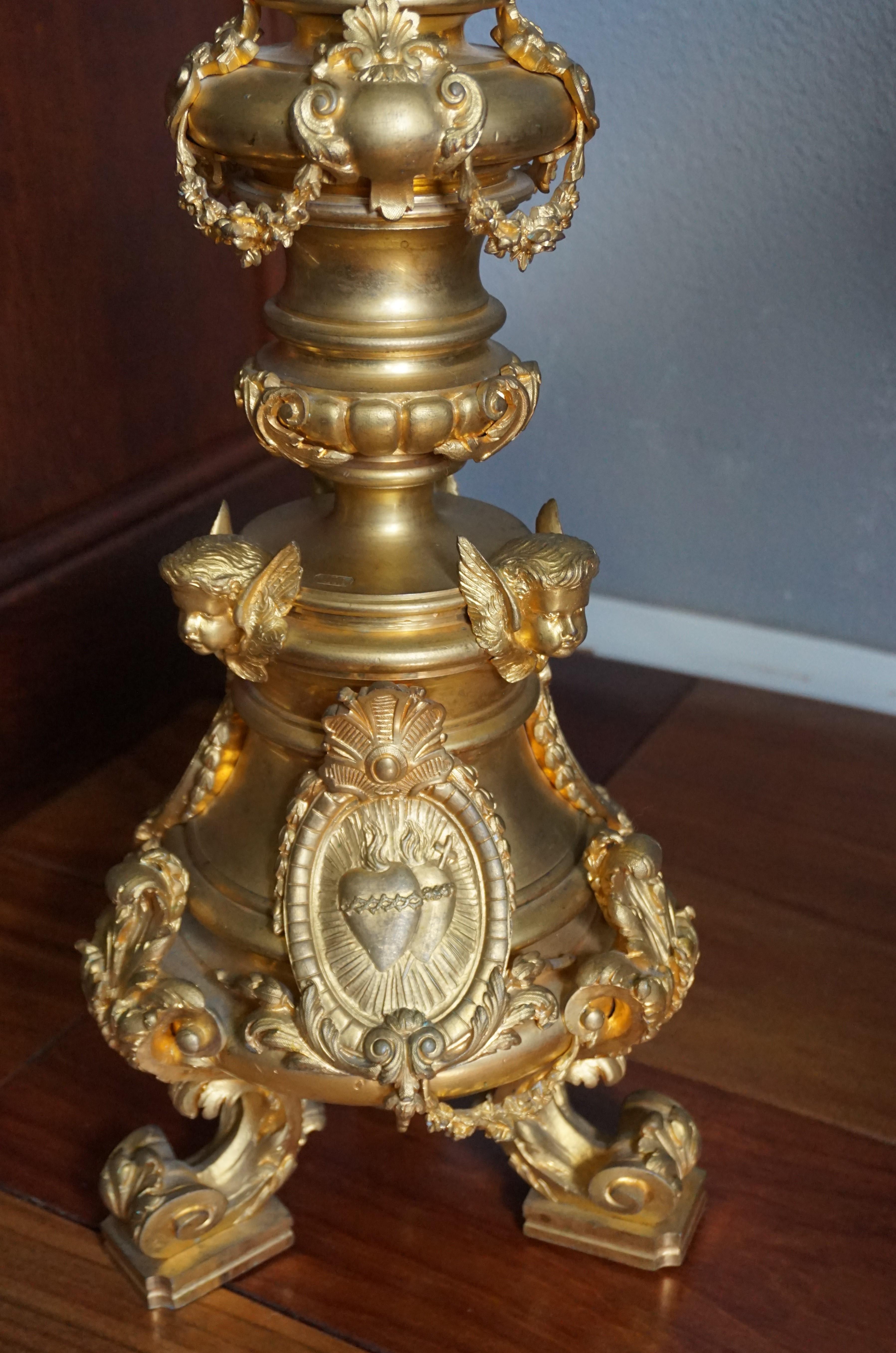 Gilt Bronze Antique Church Altar Candlestick w Angel Sculptures by Edmond Lesage For Sale 6