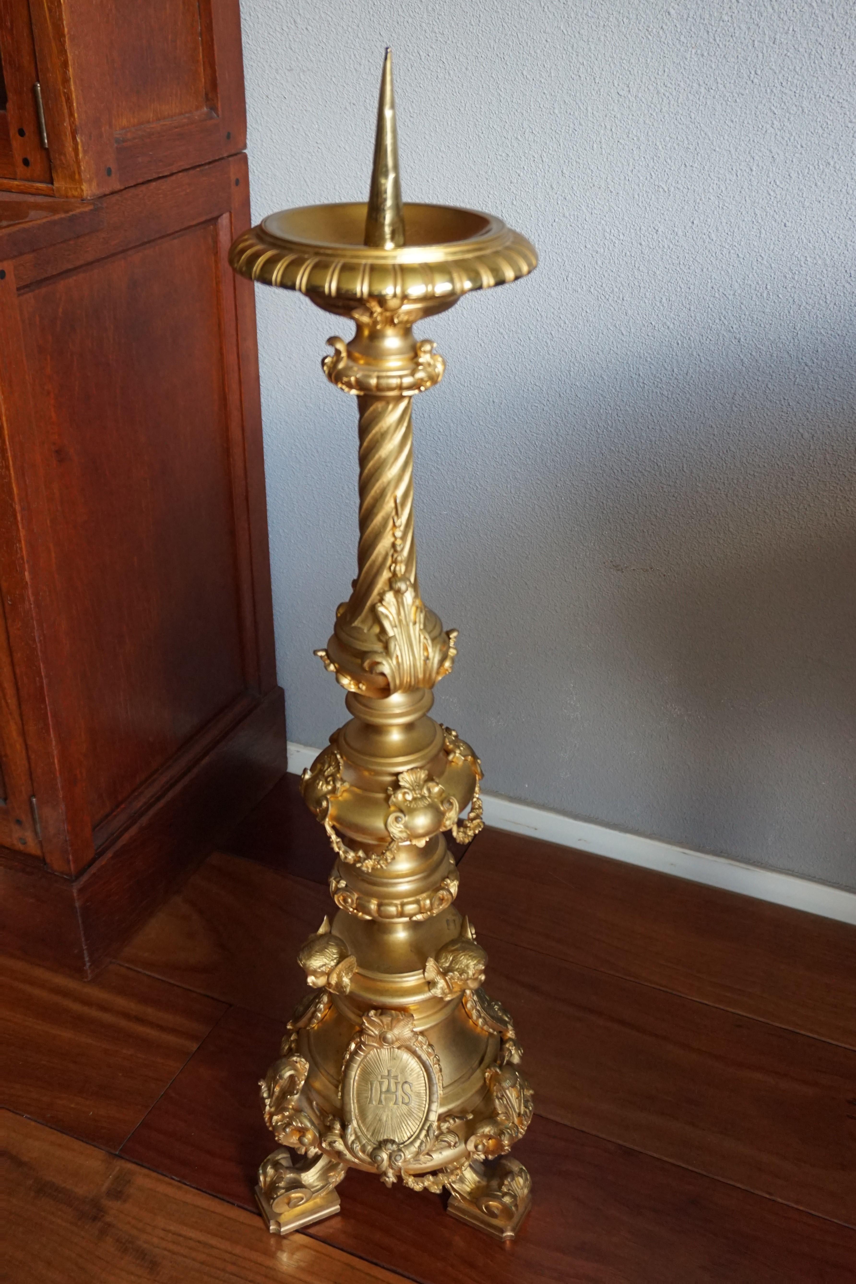 Gilt Bronze Antique Church Altar Candlestick w Angel Sculptures by Edmond Lesage For Sale 12